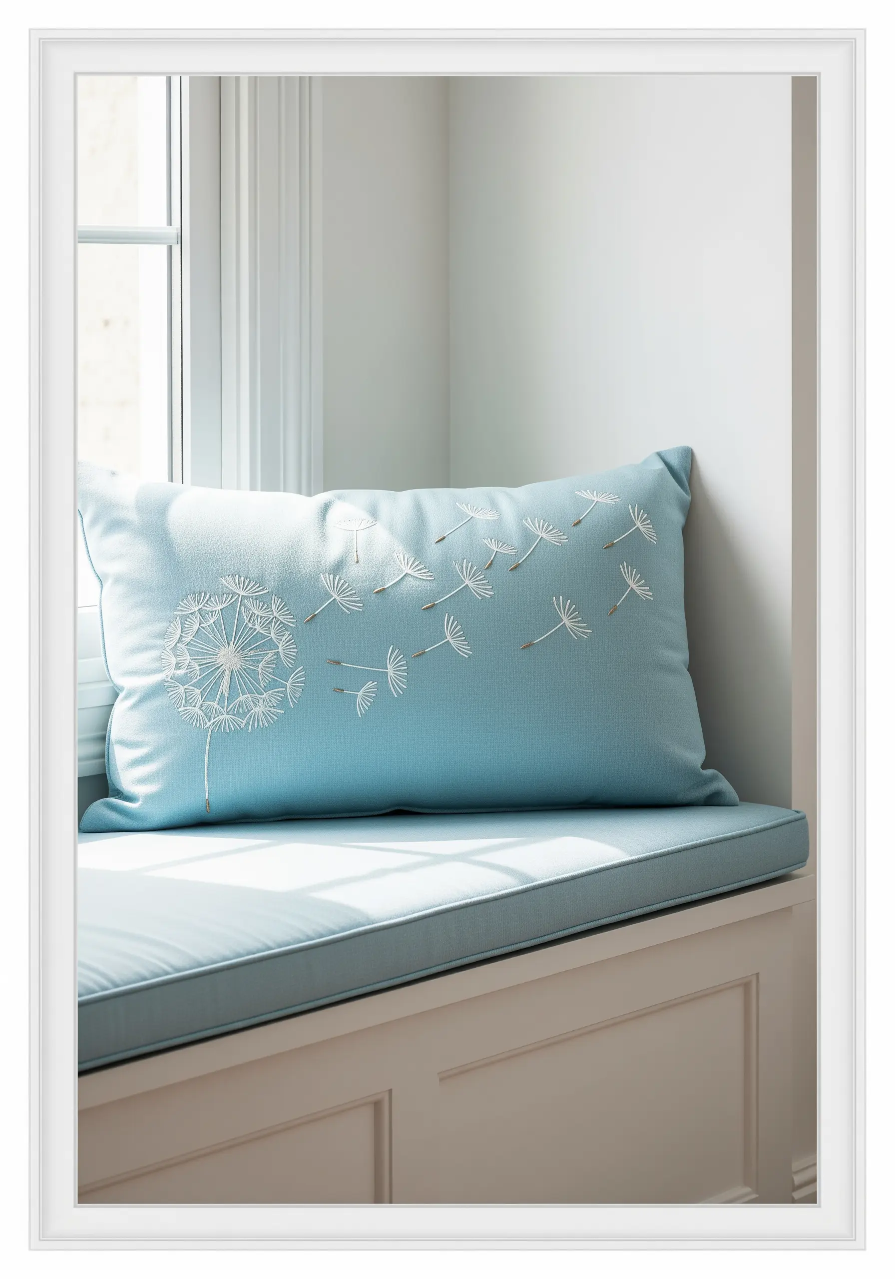 An embroidered dandelion with seeds blowing across a light blue rectangular pillow.