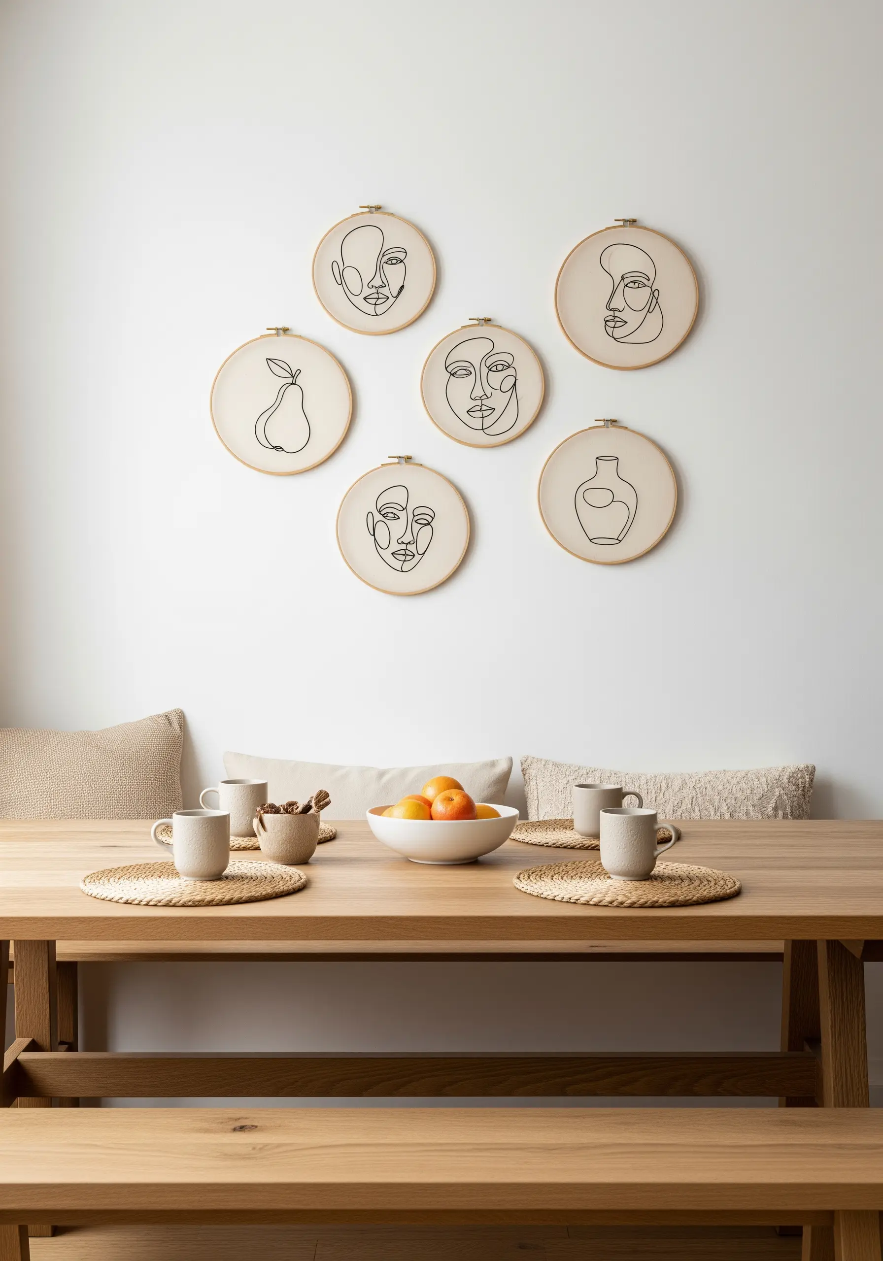 A collection of single-line art embroidery, featuring faces and fruit on neutral fabric.