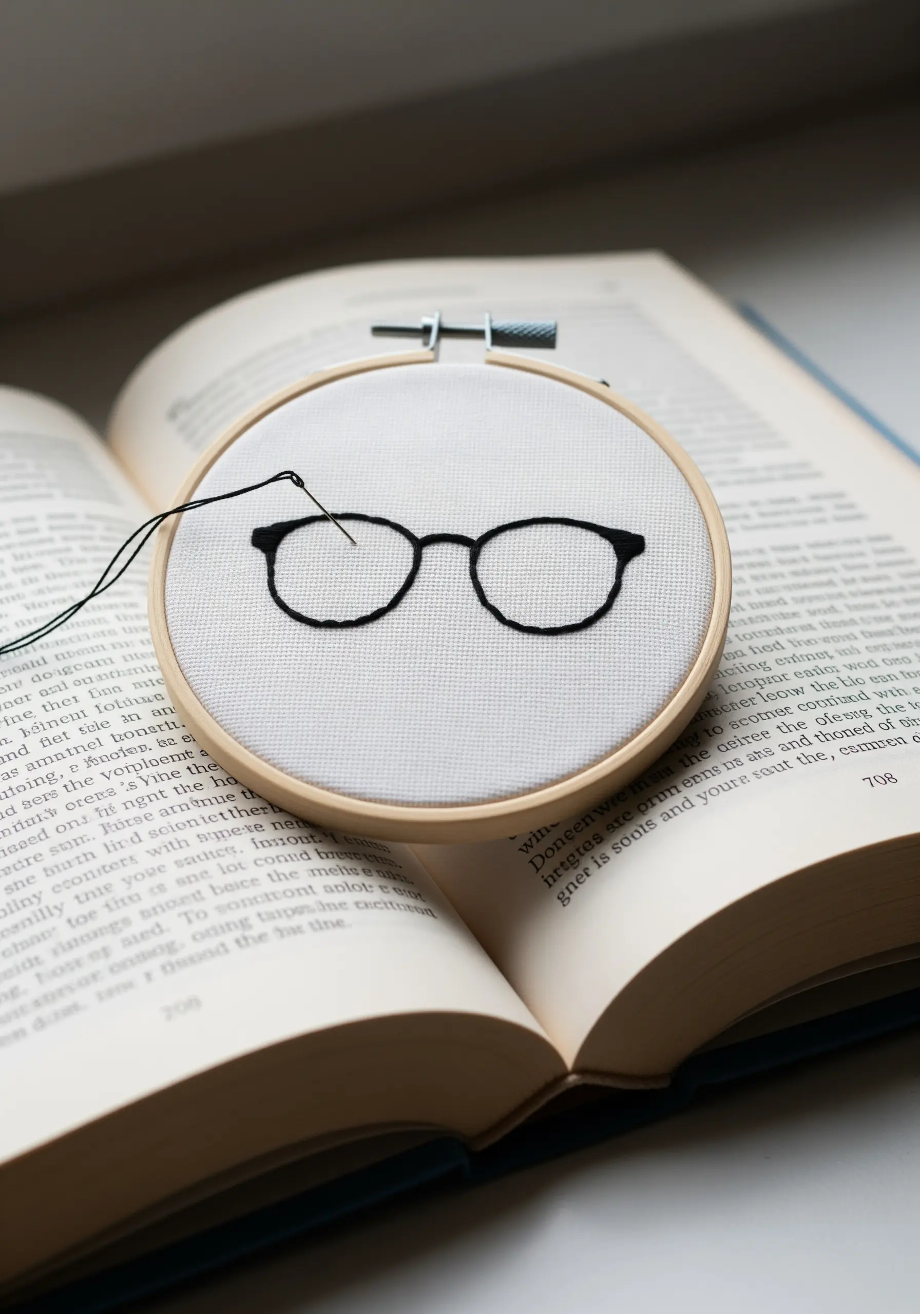 A pair of glasses embroidered in a delicate, single-strand black backstitch on white fabric.