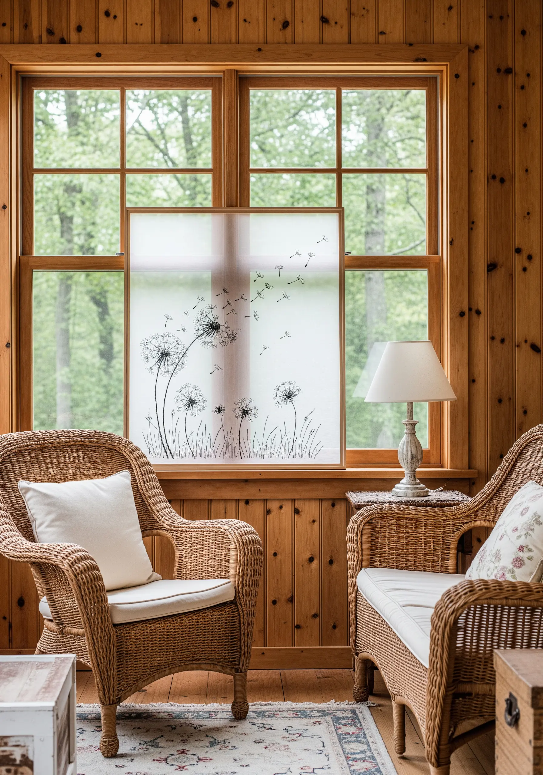 Delicate line art embroidery of dandelions on sheer fabric, framed and placed in a window.