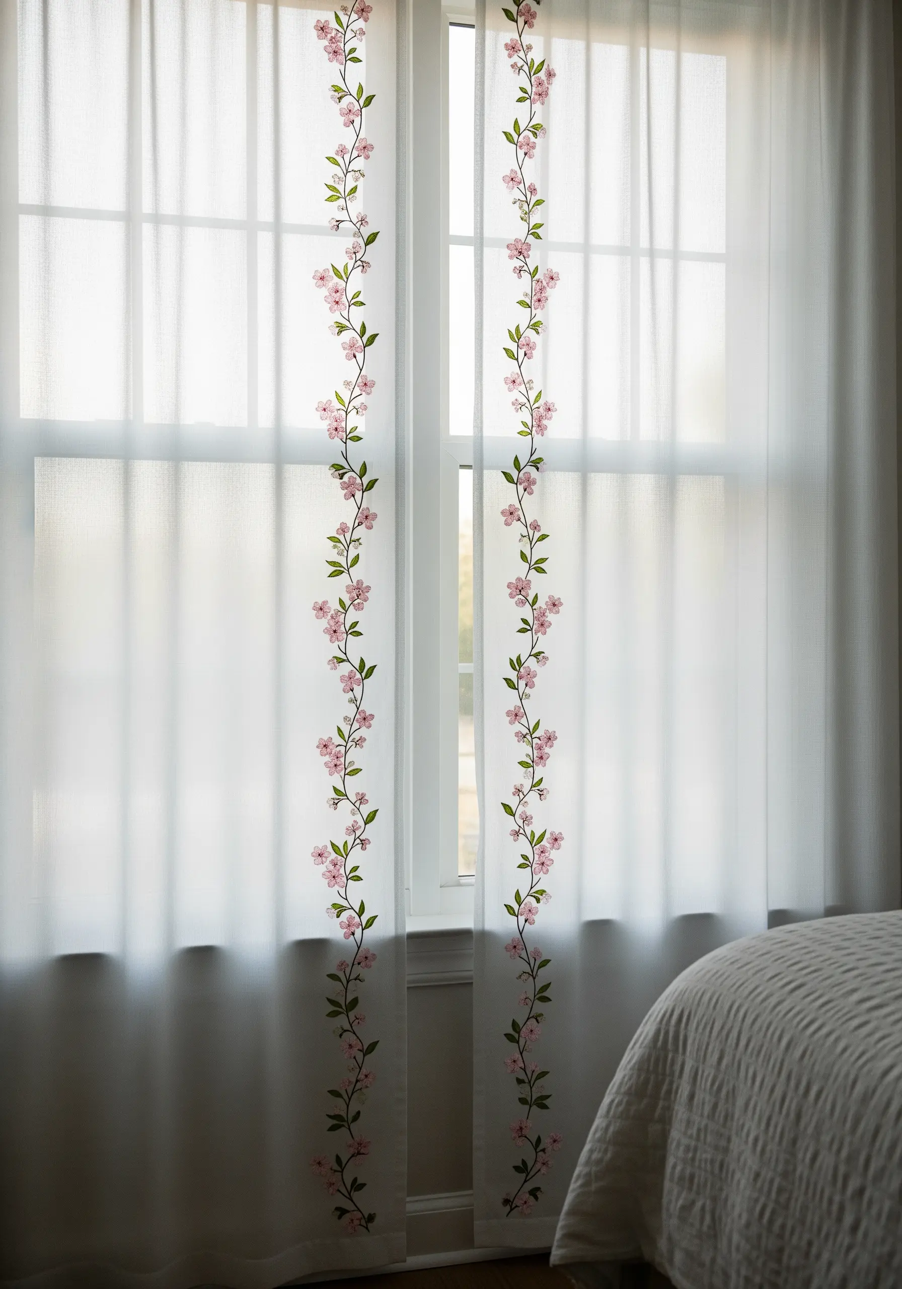 Sheer white curtains with delicate pink floral vines embroidered vertically along the edges.