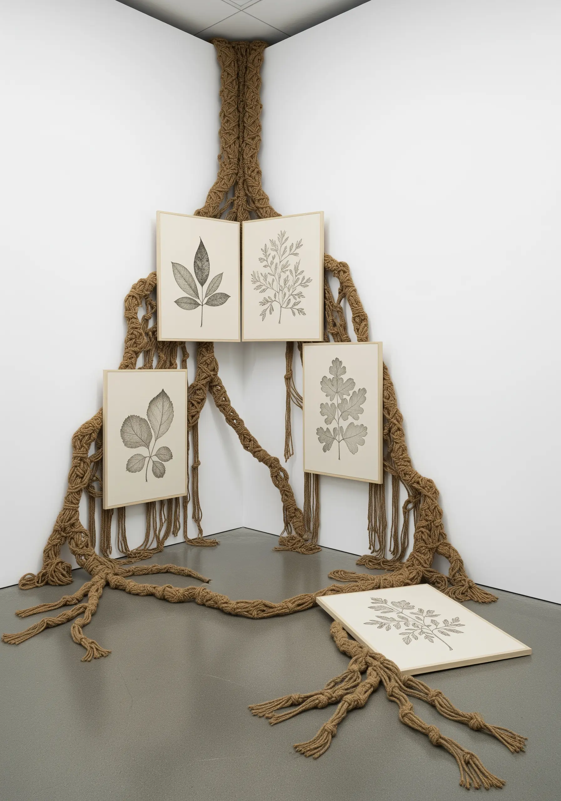 Thick macrame roots spreading from a corner, holding framed botanical illustrations.