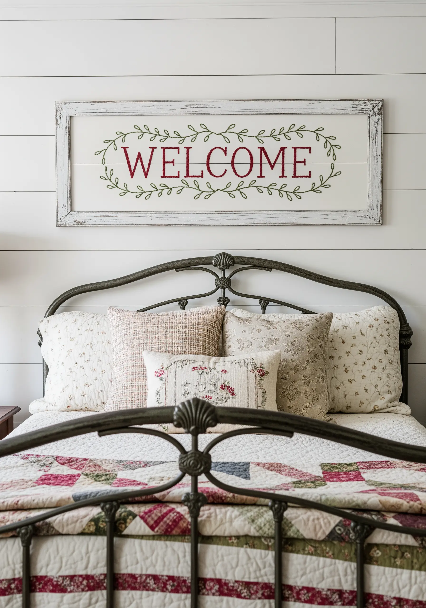 A long, horizontal framed embroidery with the word 'Welcome' surrounded by a green vine.