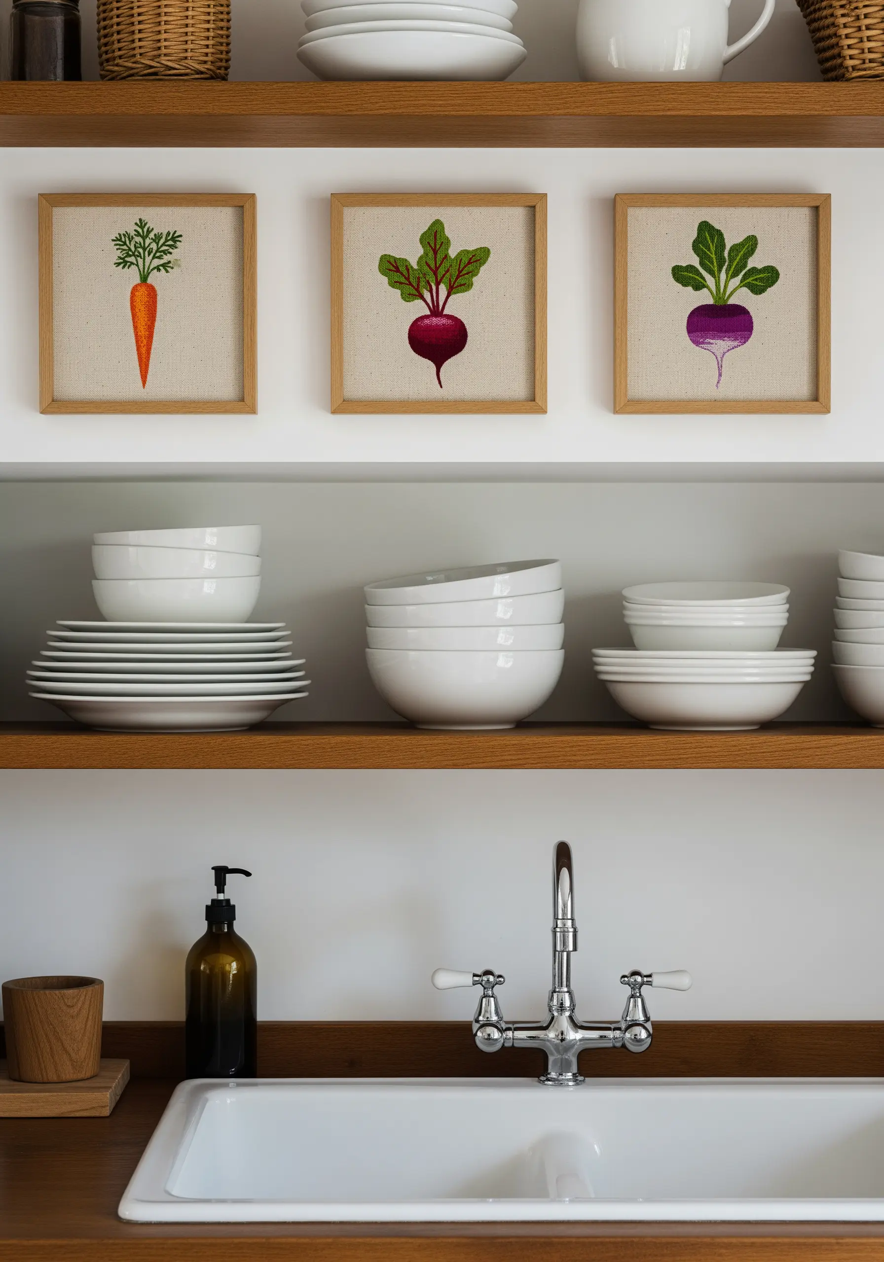Three framed embroidery pieces of a carrot, a beet, and a turnip on kitchen shelving.