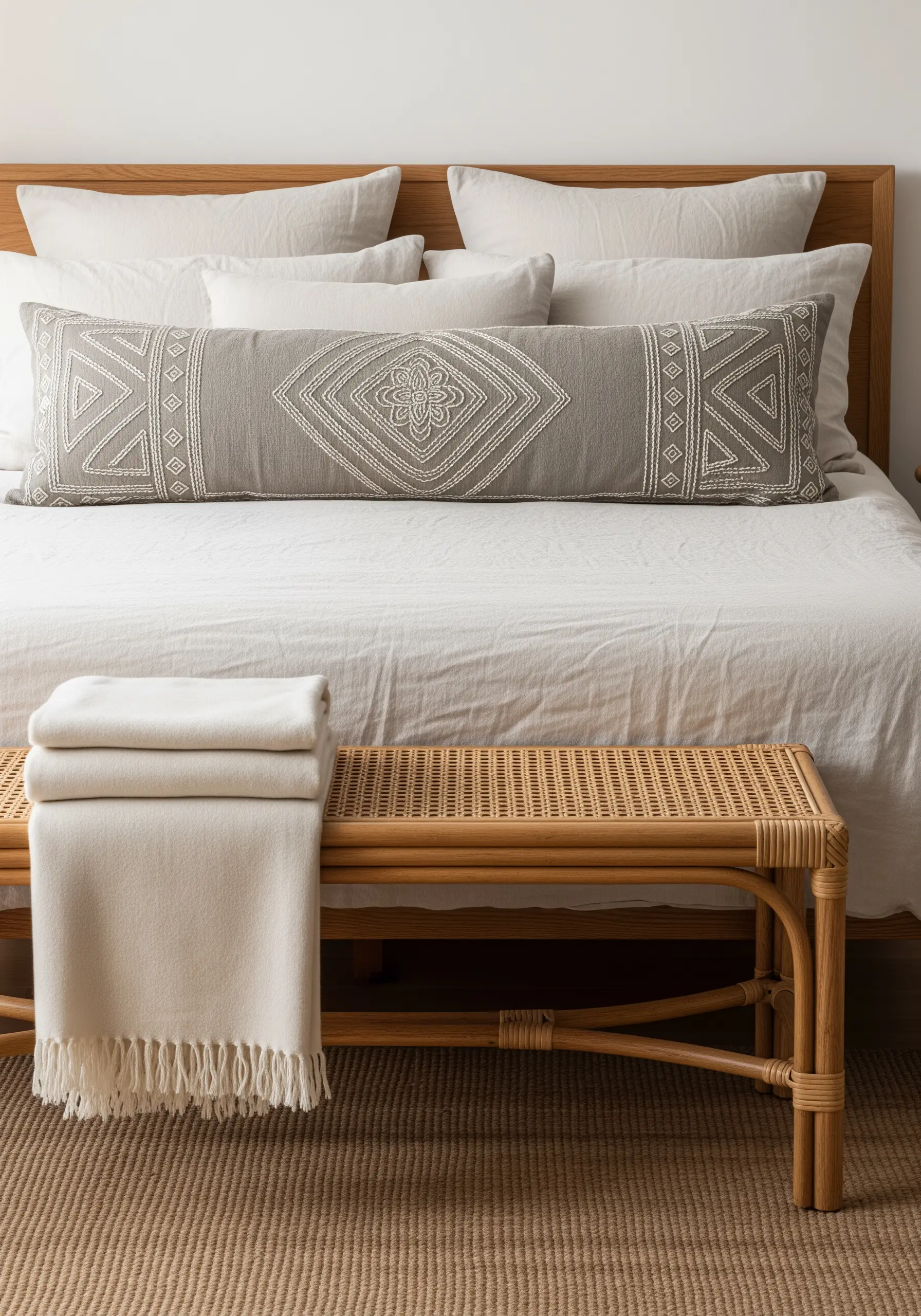 Long greige bolster pillow with ivory geometric and tribal-inspired embroidery.