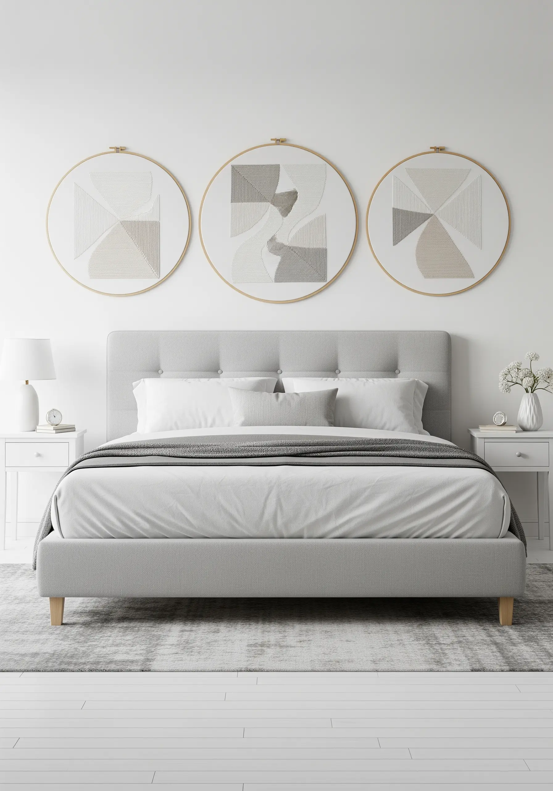 Three embroidery hoops with abstract geometric line art in neutral tones.