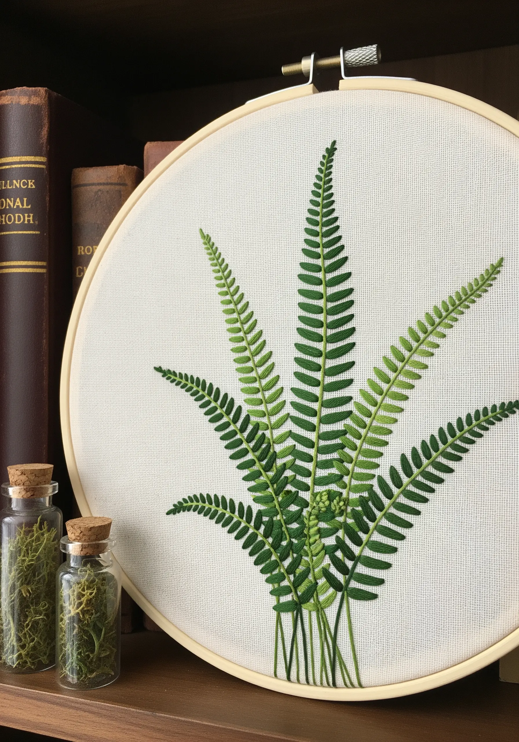Delicate fern embroidery in a hoop, showcasing precise fishbone stitches.