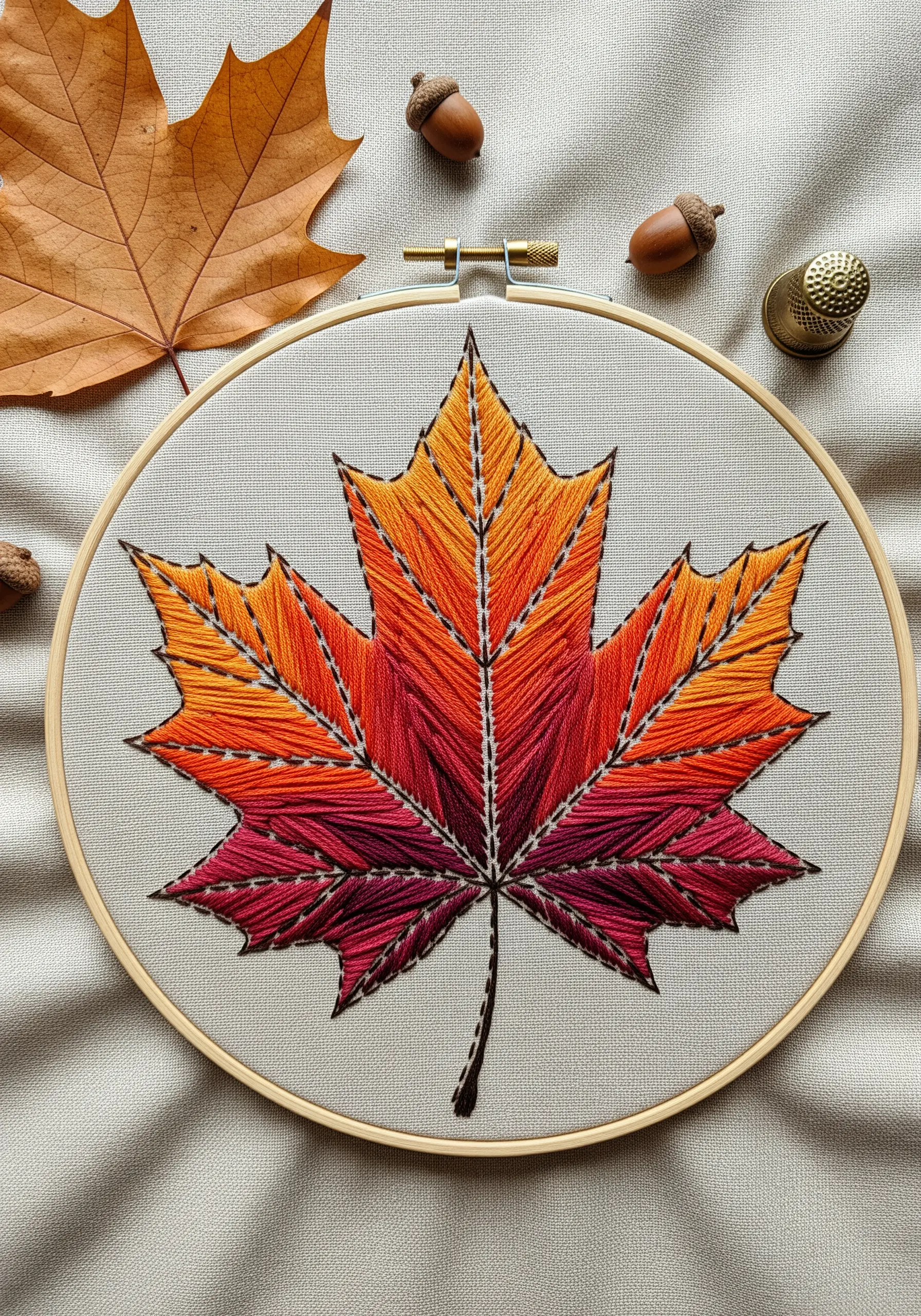 Embroidered maple leaf with a red, orange, and yellow gradient and a dashed running stitch outline.