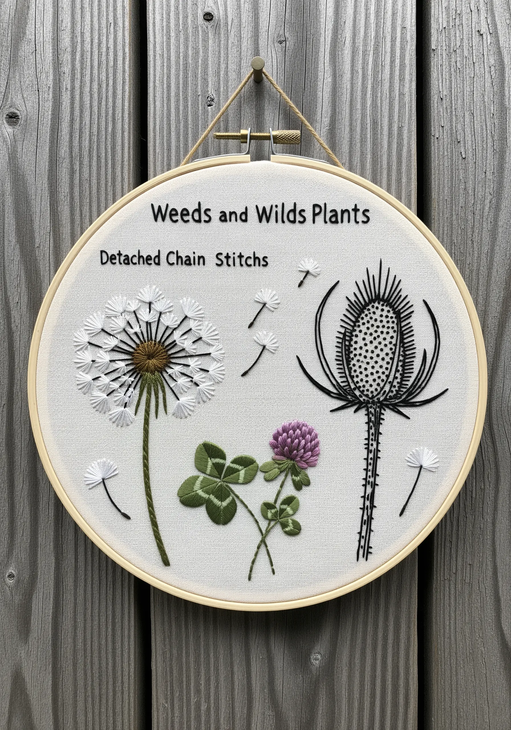Embroidery sampler of weeds including a dandelion, thistle, and clover.