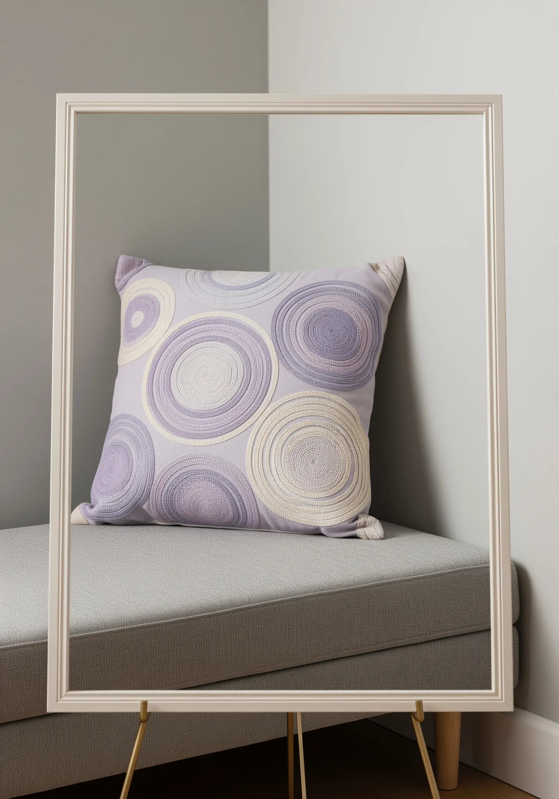 Overlapping concentric circles embroidered in lavender and cream on a light purple pillow.