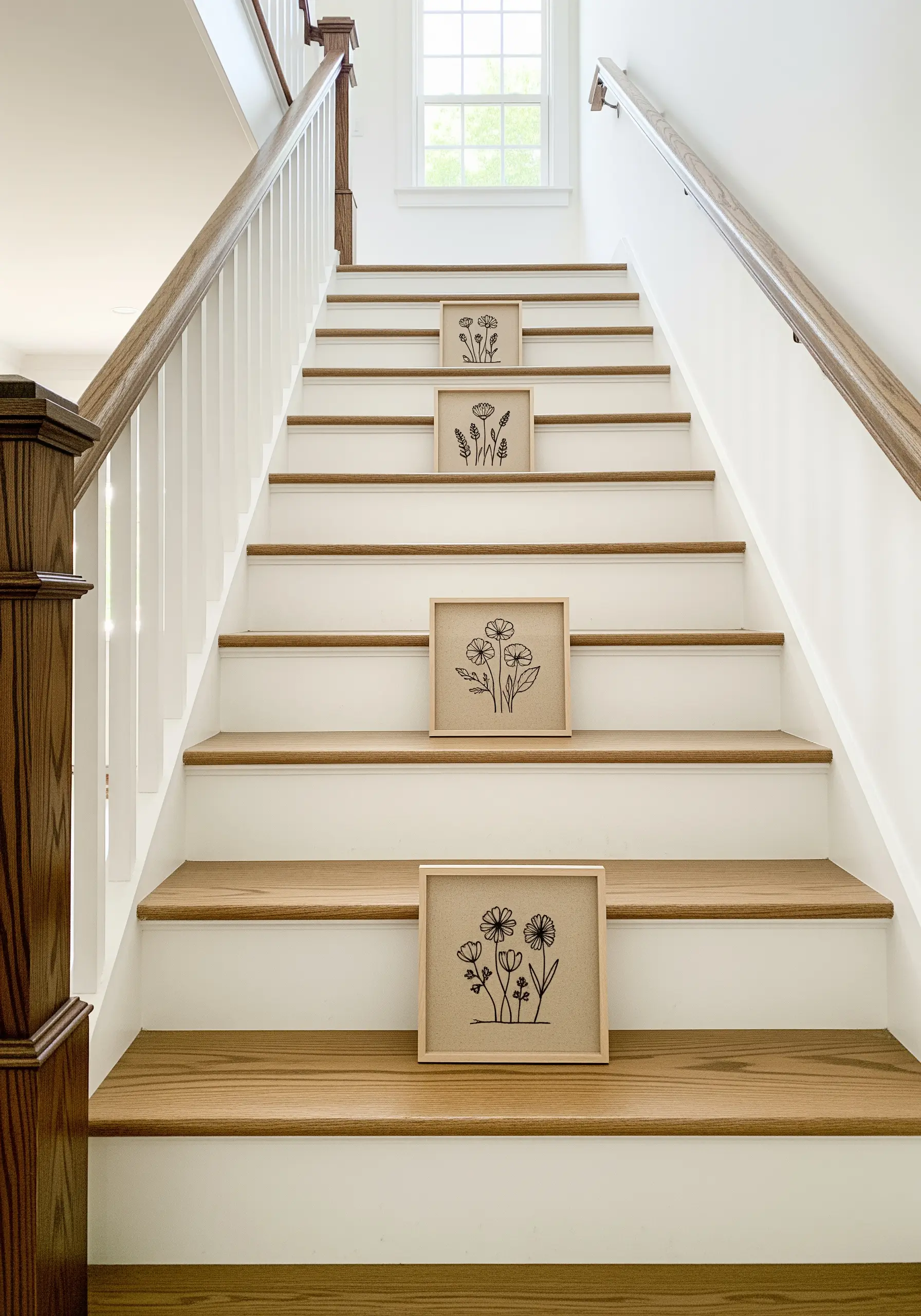 A series of framed blackwork floral line art embroidery pieces arranged on a staircase.