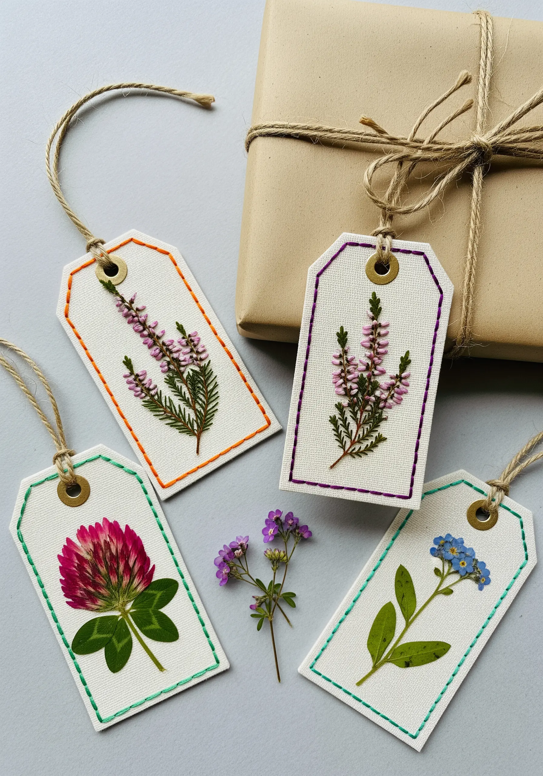 White gift tags featuring pressed wildflowers, each framed with a colorful running stitch border.