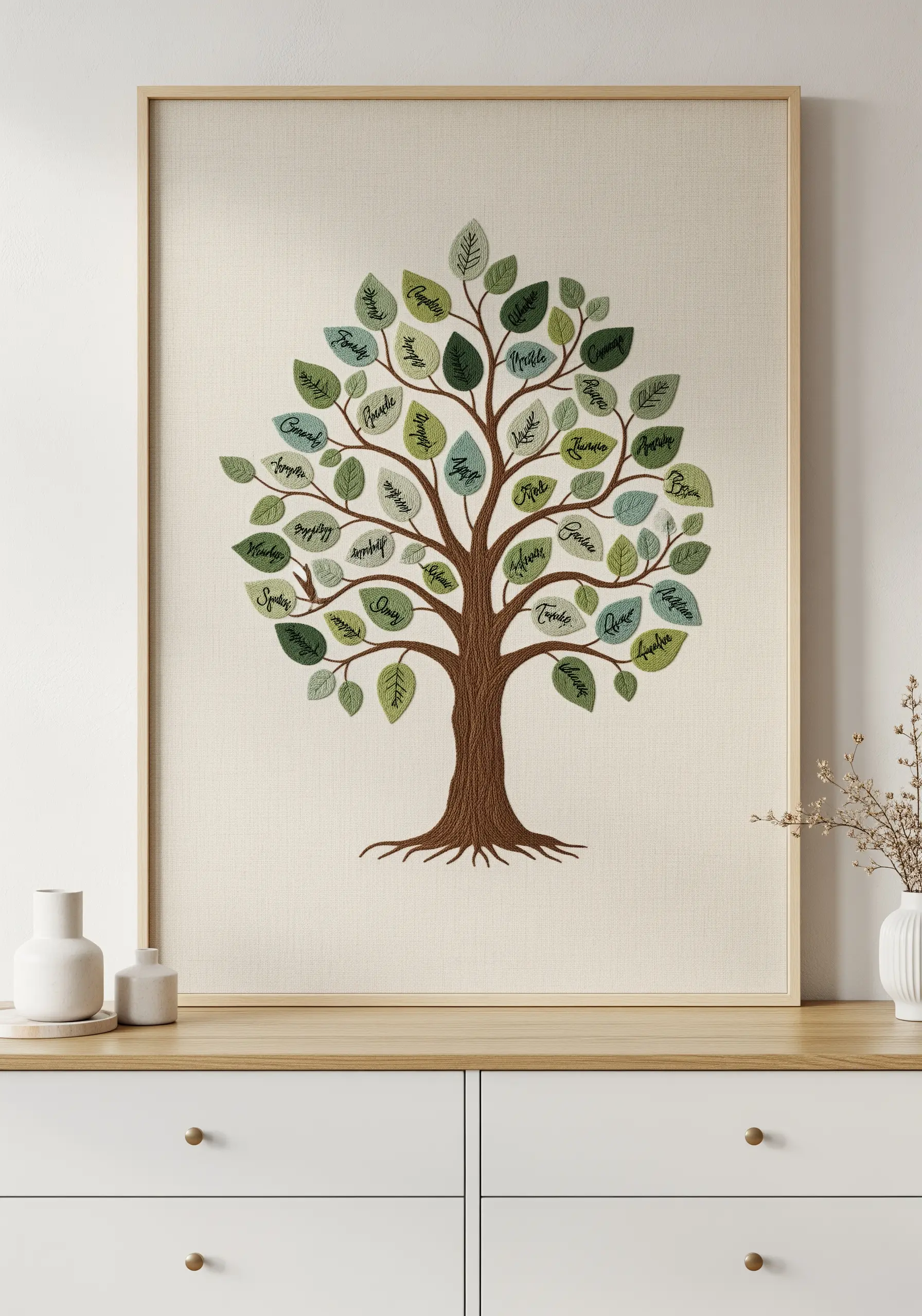 A framed embroidery of a family tree with names stitched onto individual green leaves.