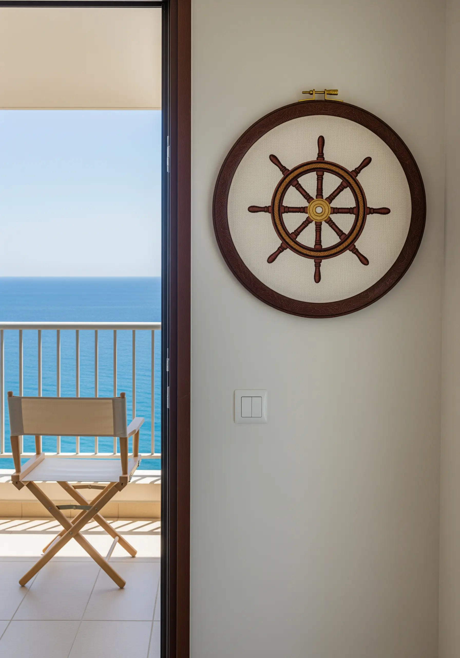 Embroidered ship's wheel in a dark-stained embroidery hoop.