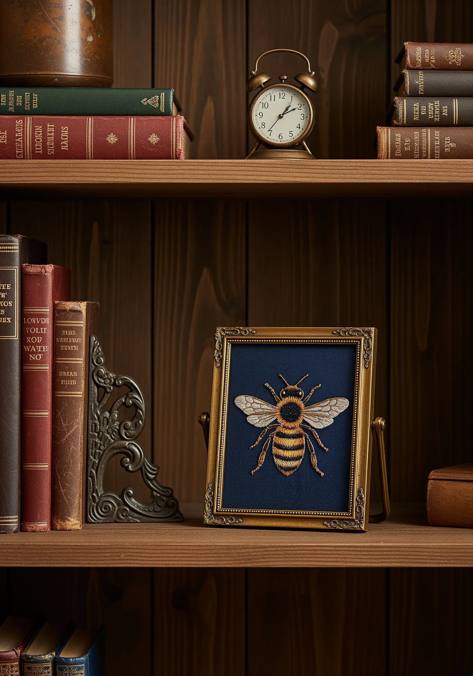 A realistic embroidered bee with translucent wings, framed in an ornate gold frame.