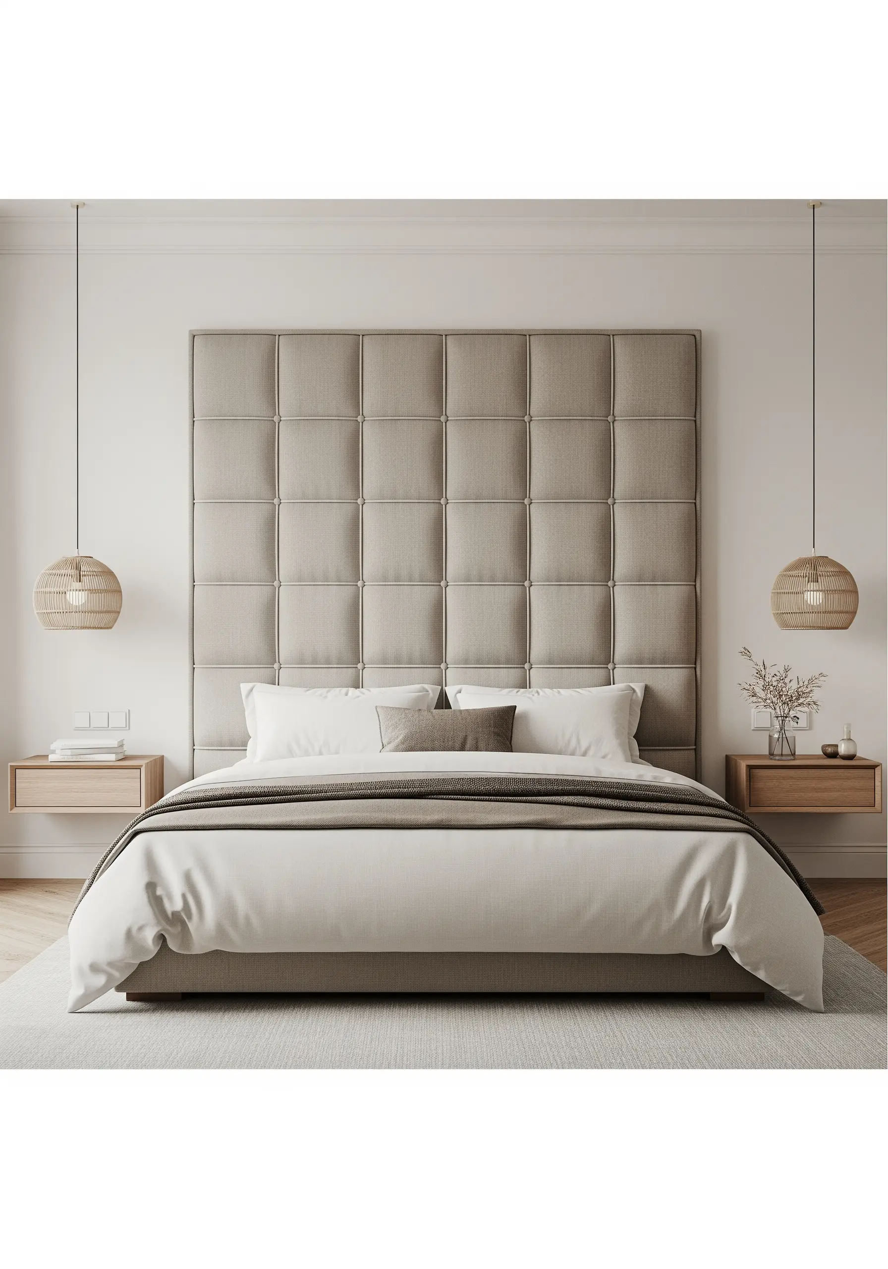 A large, tufted greige upholstered headboard creating a grid of soft squares.