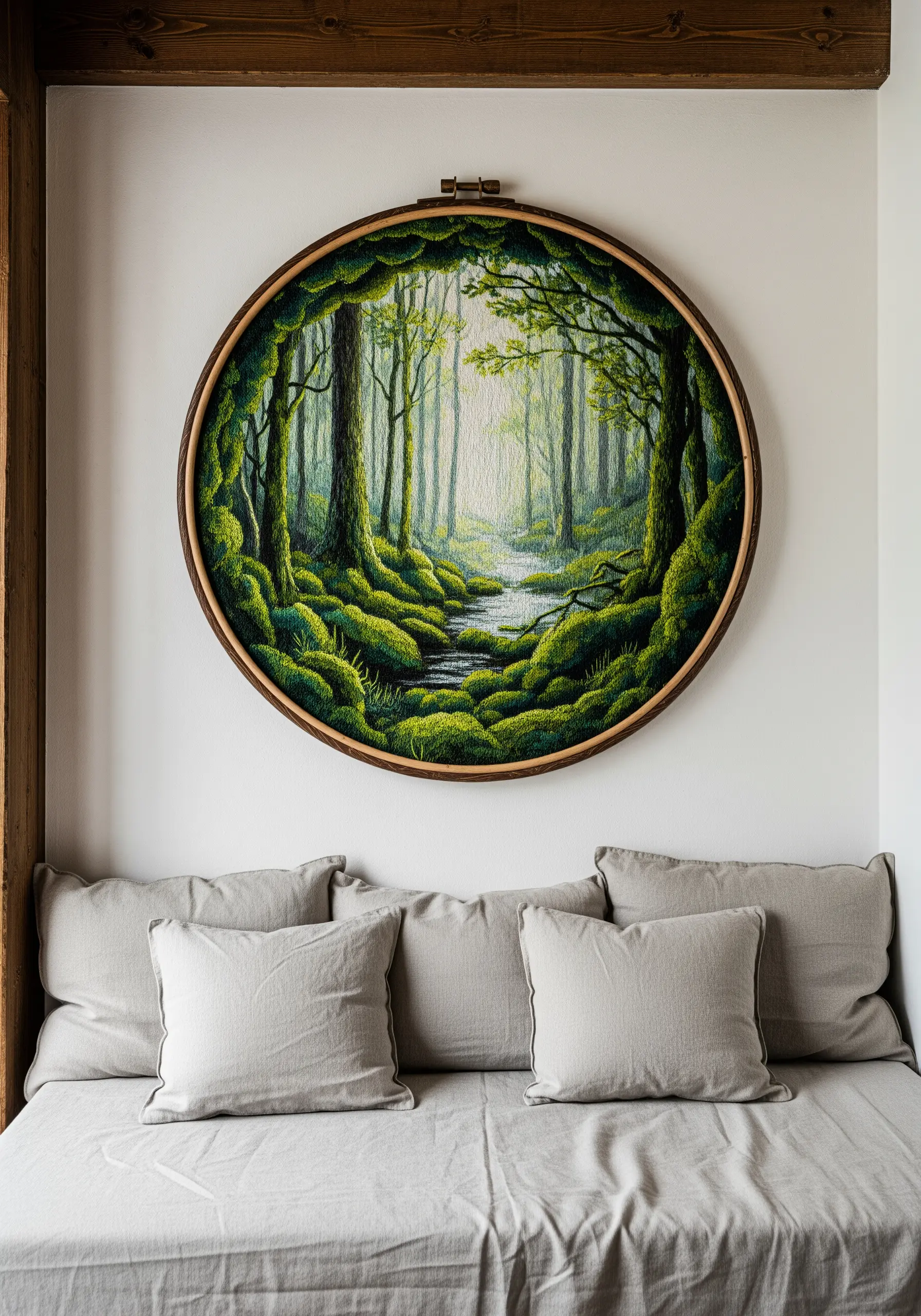 A large, detailed embroidery of a mossy forest scene framed in a dark wood hoop.