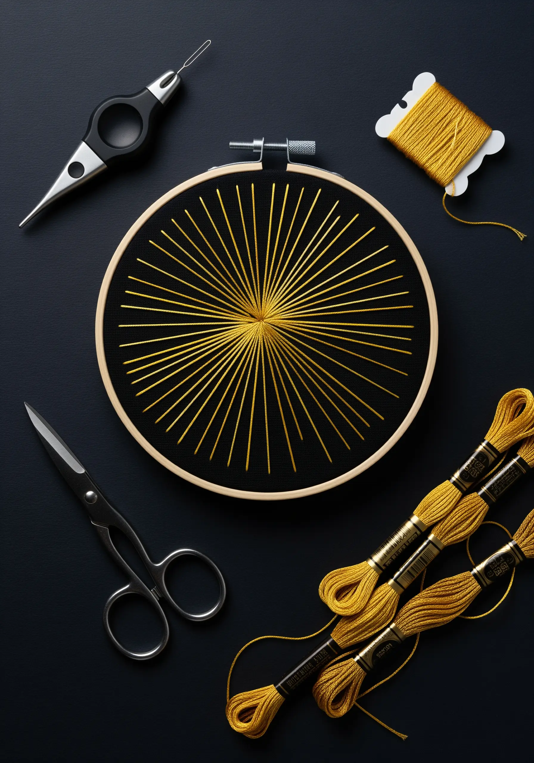 A geometric sunburst made of radiating gold straight stitches on black fabric.