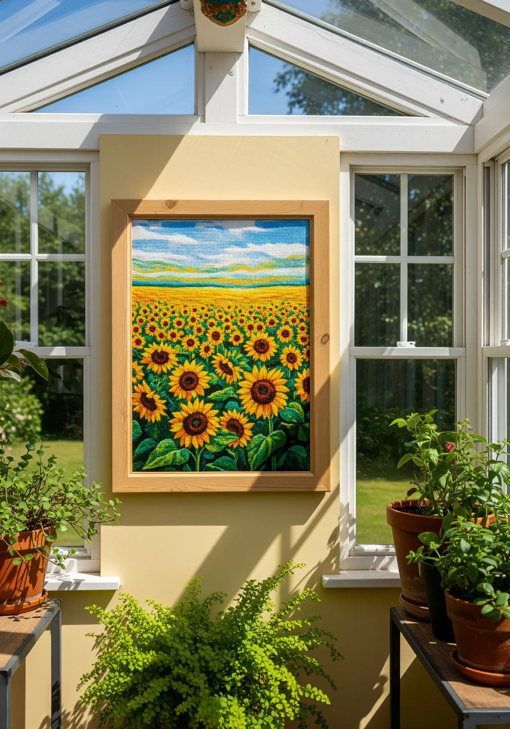 A brightly colored, densely stitched embroidery of a sunflower field in a light wood frame.