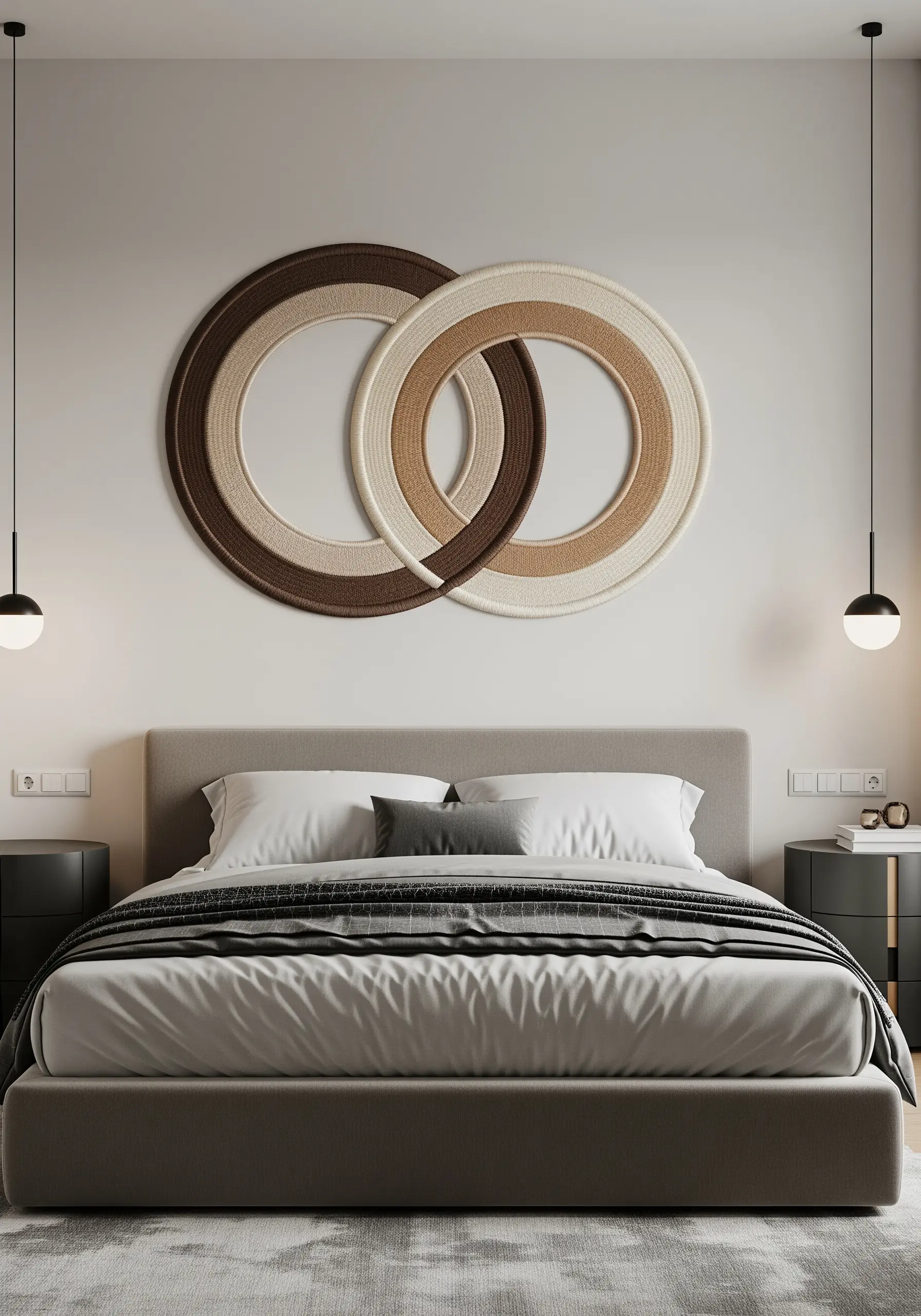 Two large, interlocking rings wrapped in gradient threads, one in brown and one in cream.