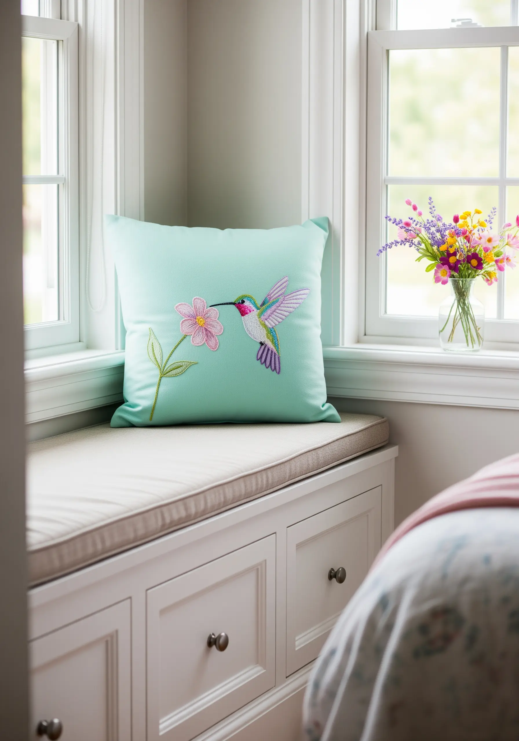 A detailed embroidered hummingbird with iridescent feathers next to a pink flower.