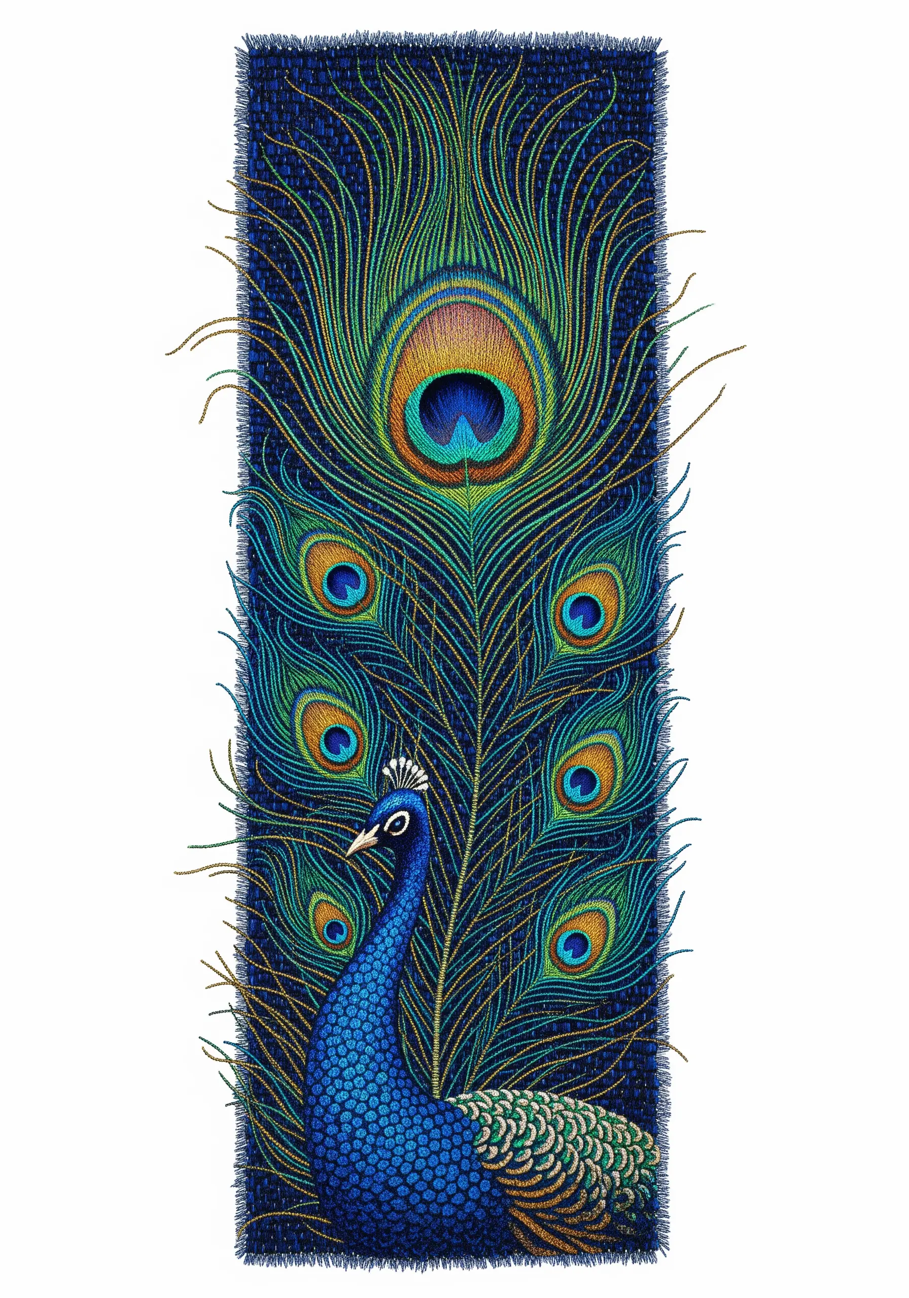 Highly detailed embroidery of a peacock and its feather, using iridescent thread painting.
