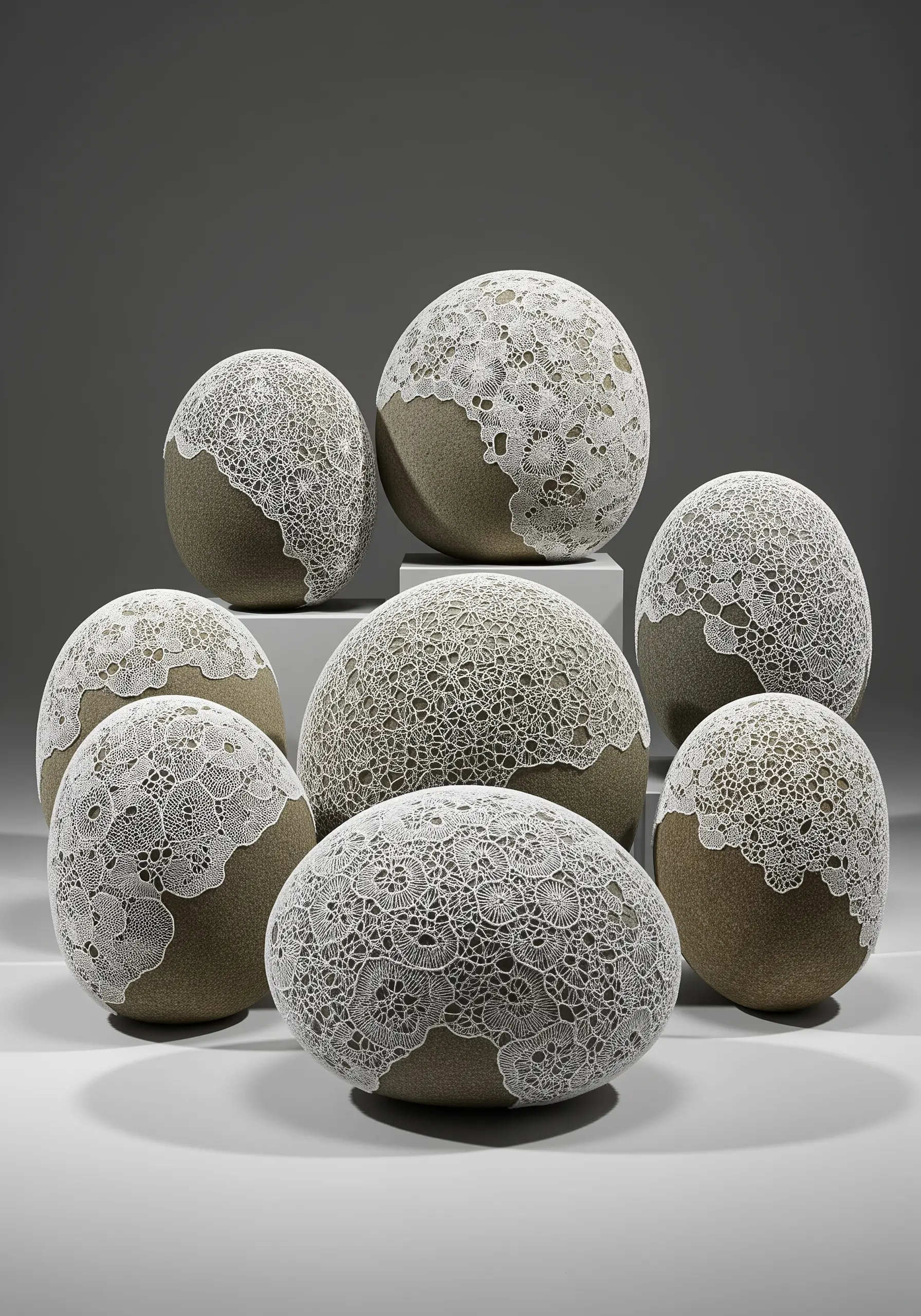 Smooth, gray stones with their top halves covered in intricate, white handmade lace.