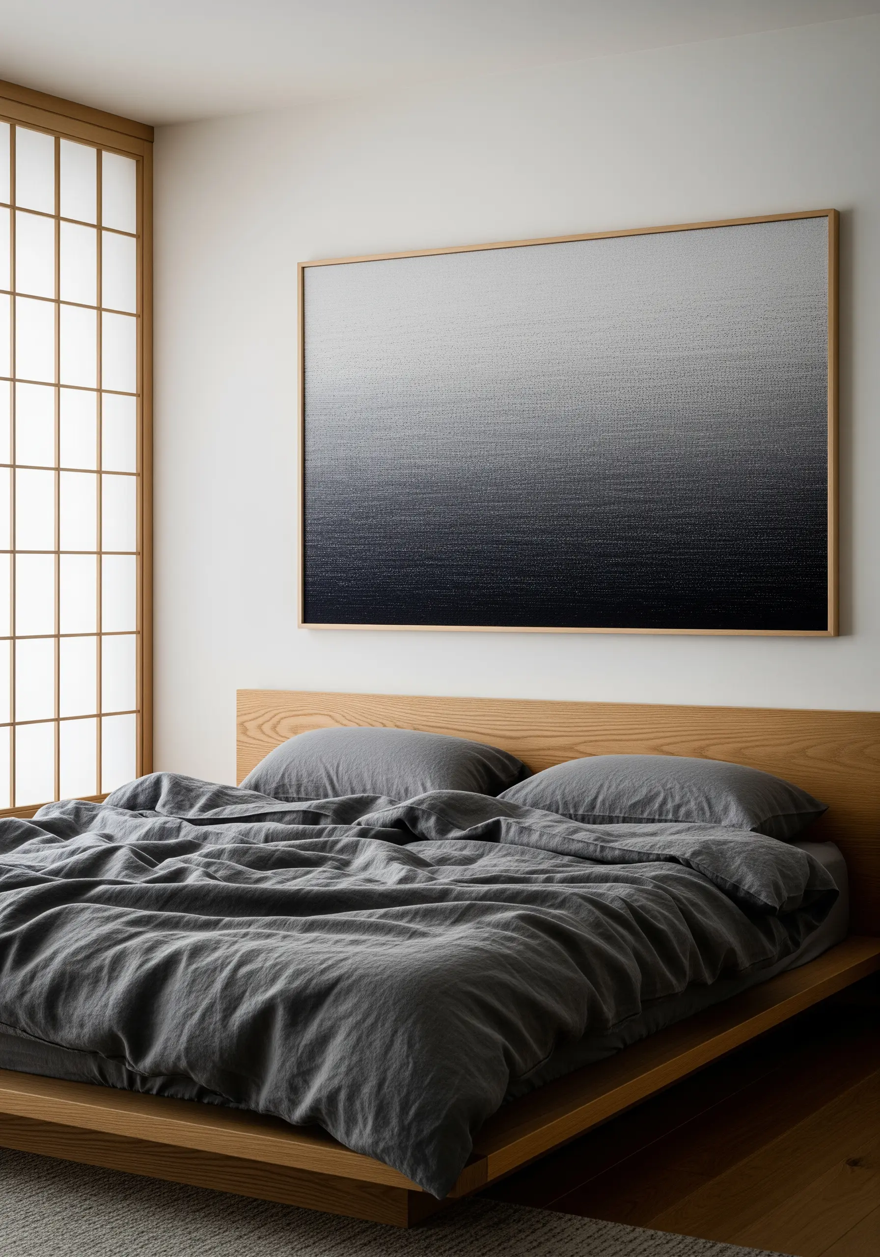 Large-scale framed embroidery with a smooth black-to-white gradient.