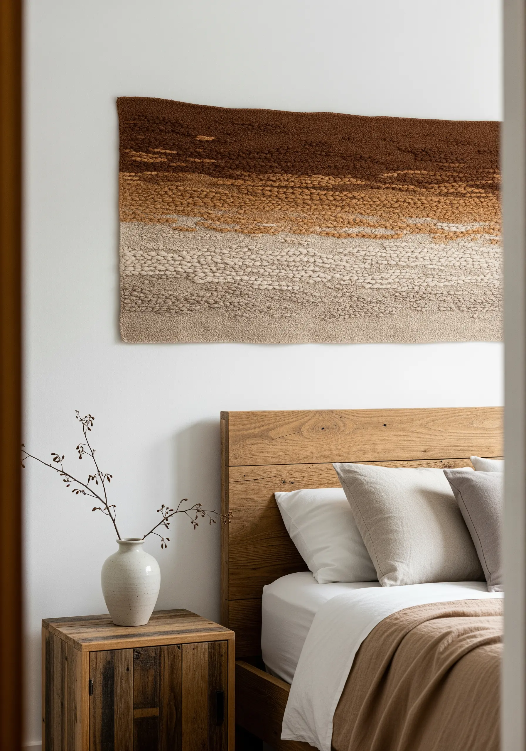 Textured wall hanging with horizontal bands of brown, beige, and cream.