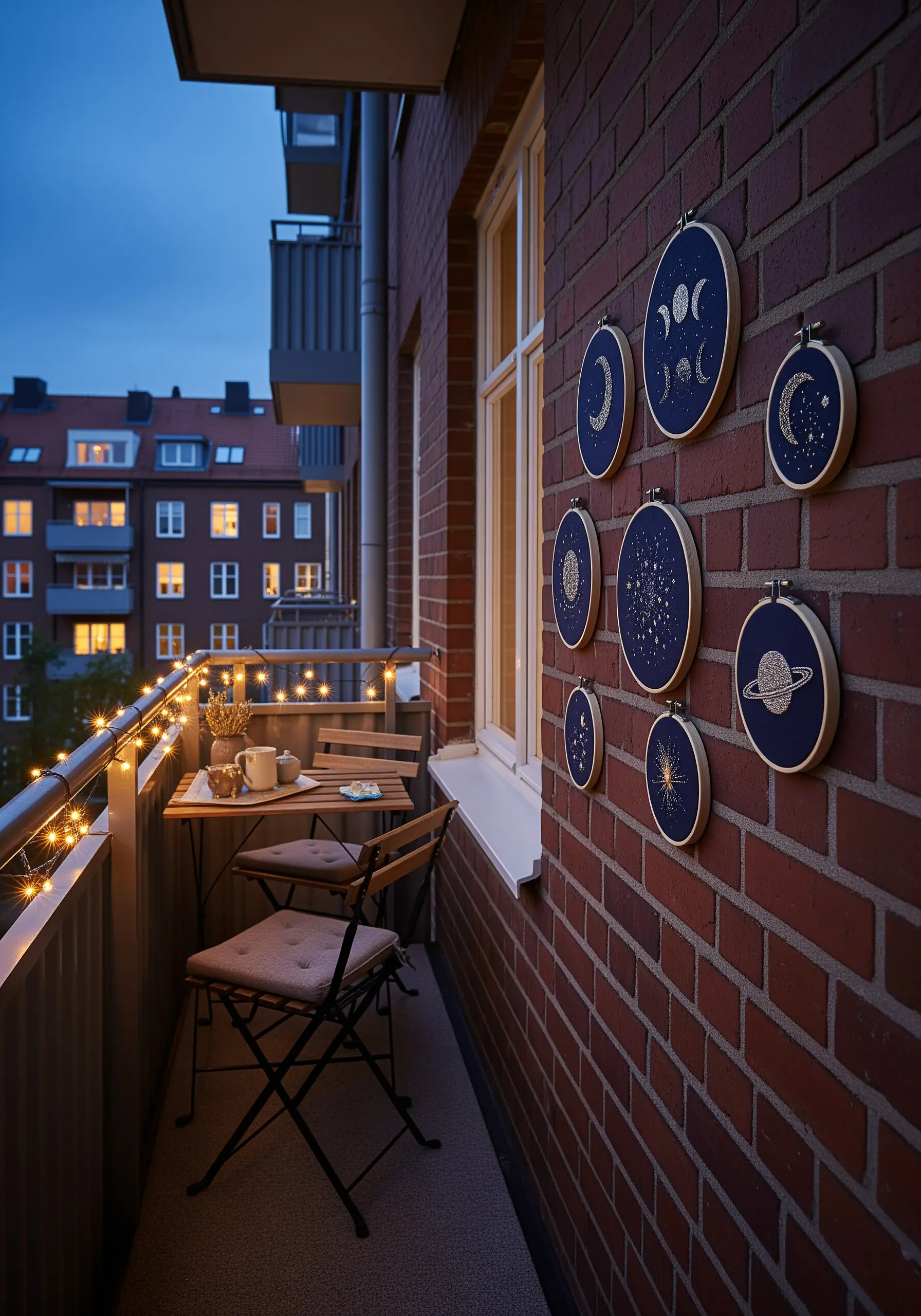 A collection of celestial moon phase embroidery hoops on a brick wall.