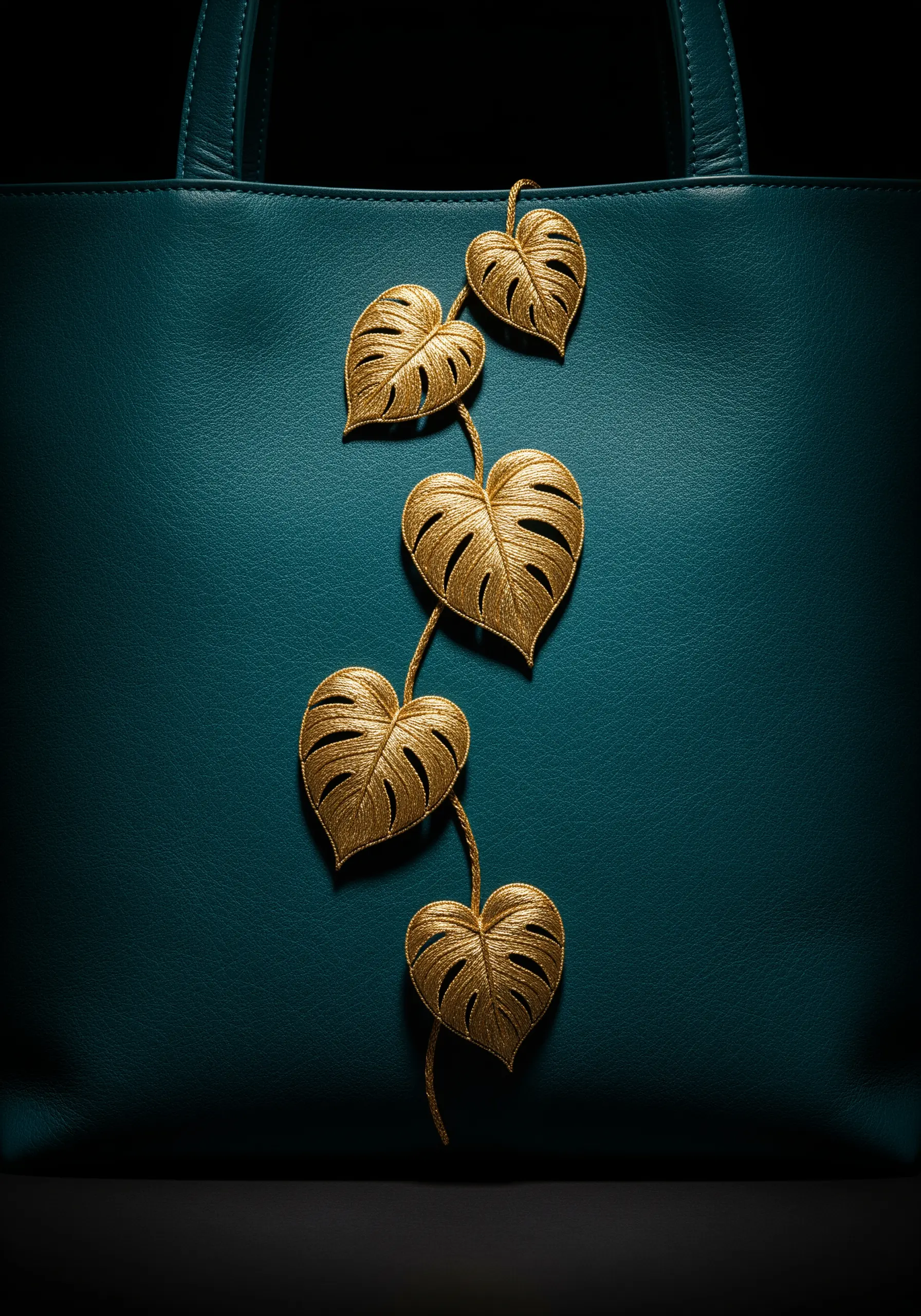 A vine of heart-shaped golden monstera leaves embroidered on a dark teal tote bag.