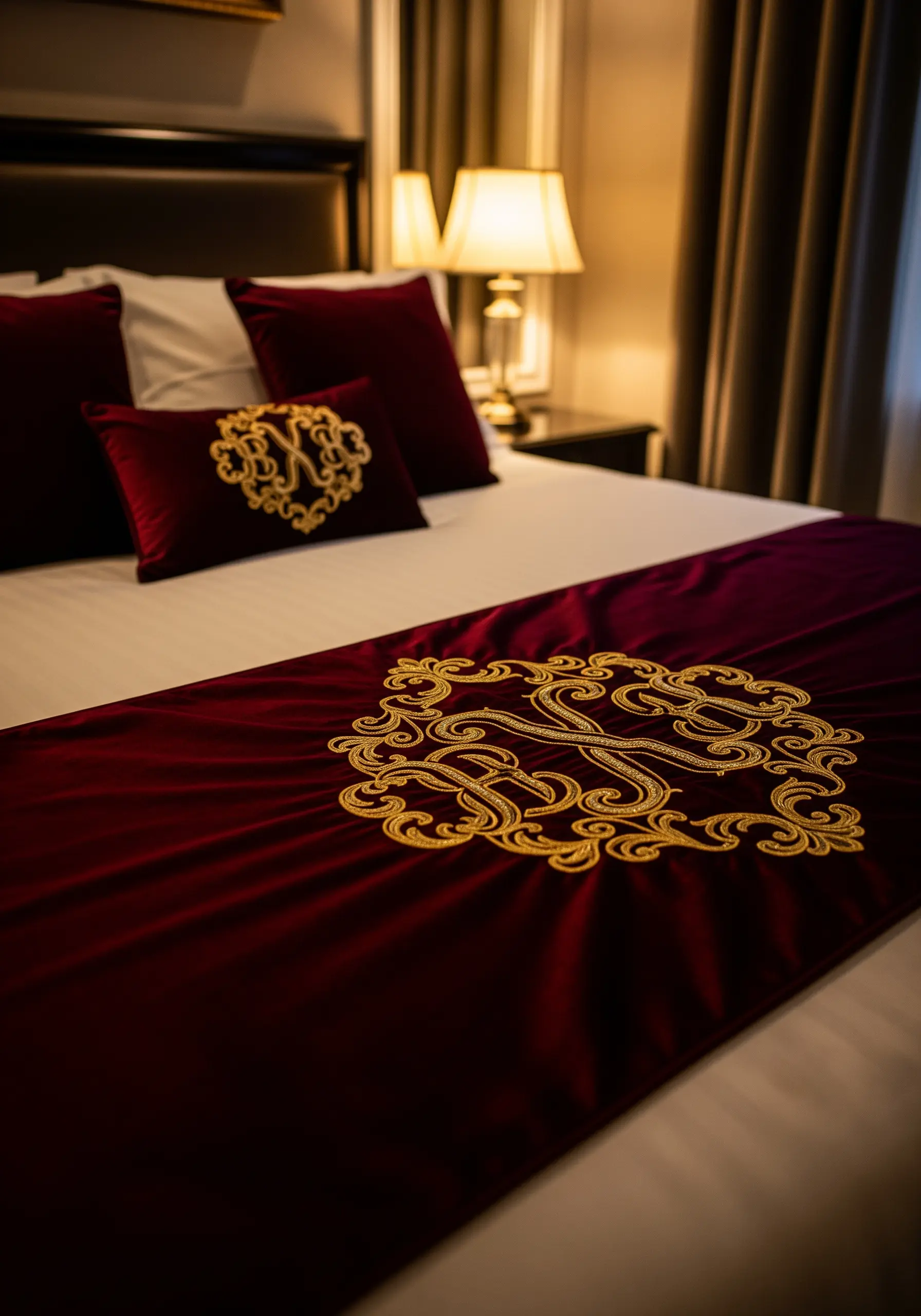 A rich burgundy velvet bed runner with an ornate, large-scale monogram in gold metallic thread.
