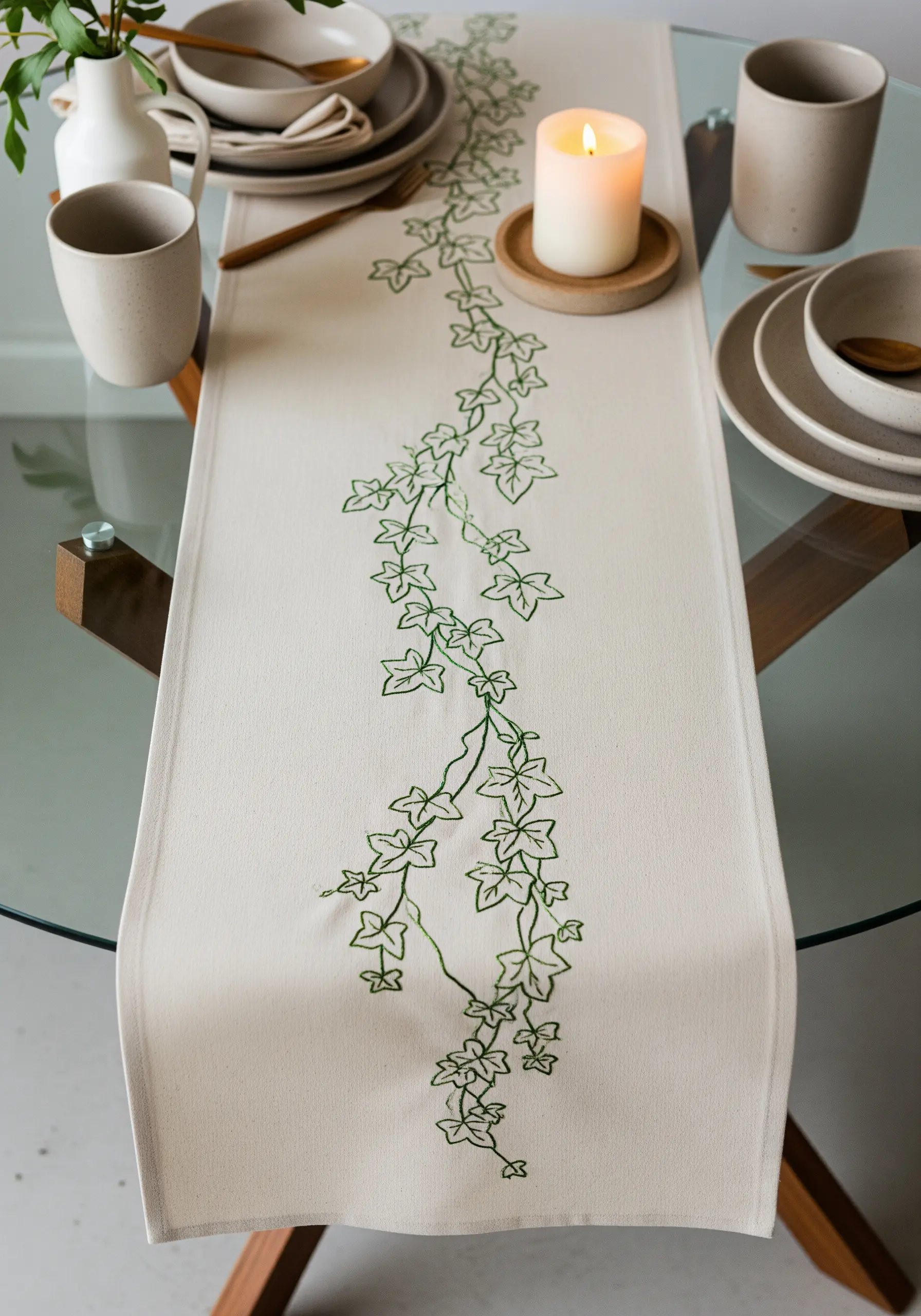 A single green ivy vine embroidered down the center of an off-white table runner.