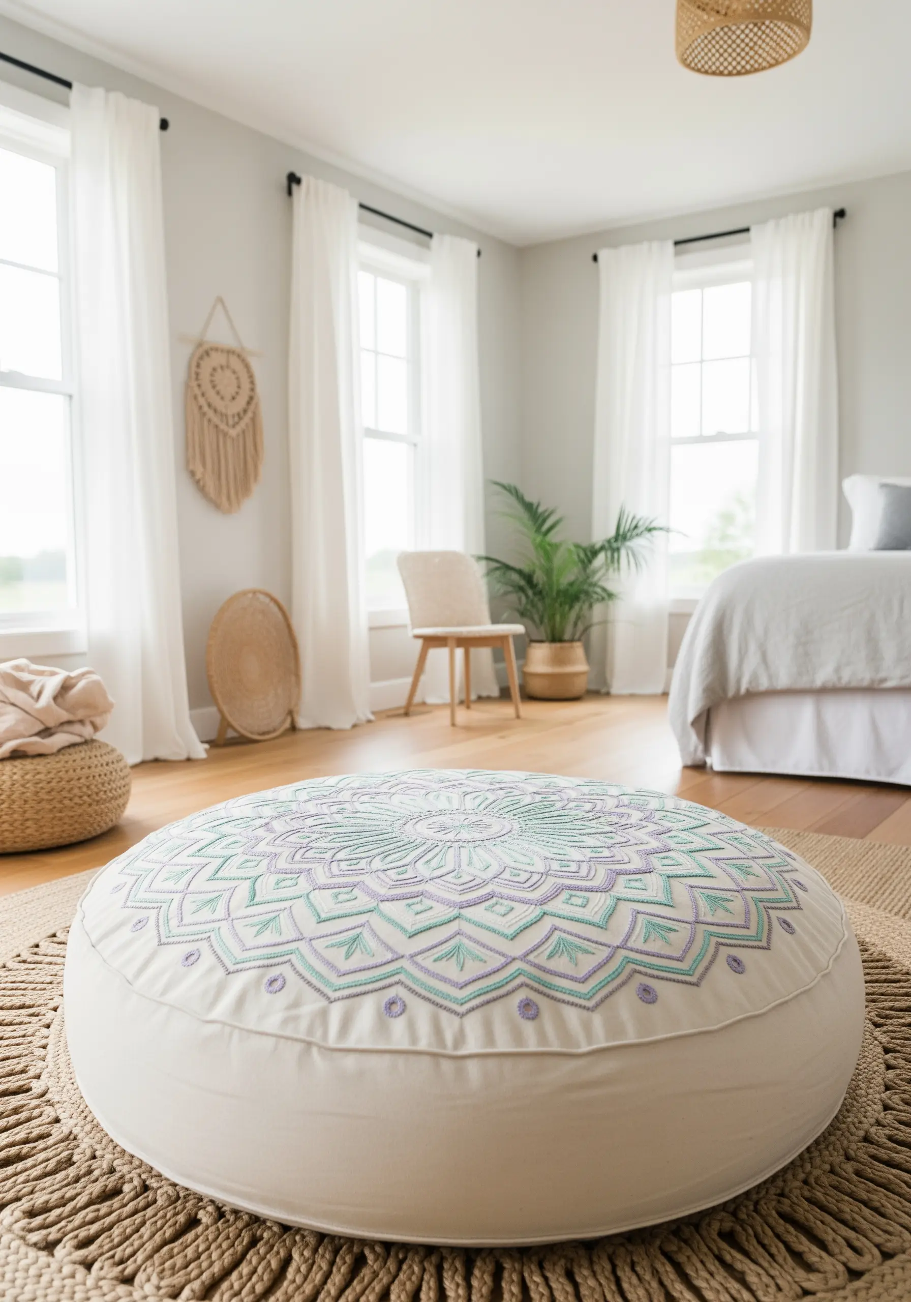 A cream-colored floor pouf with a large, intricate mandala embroidered in mint and lavender thread.