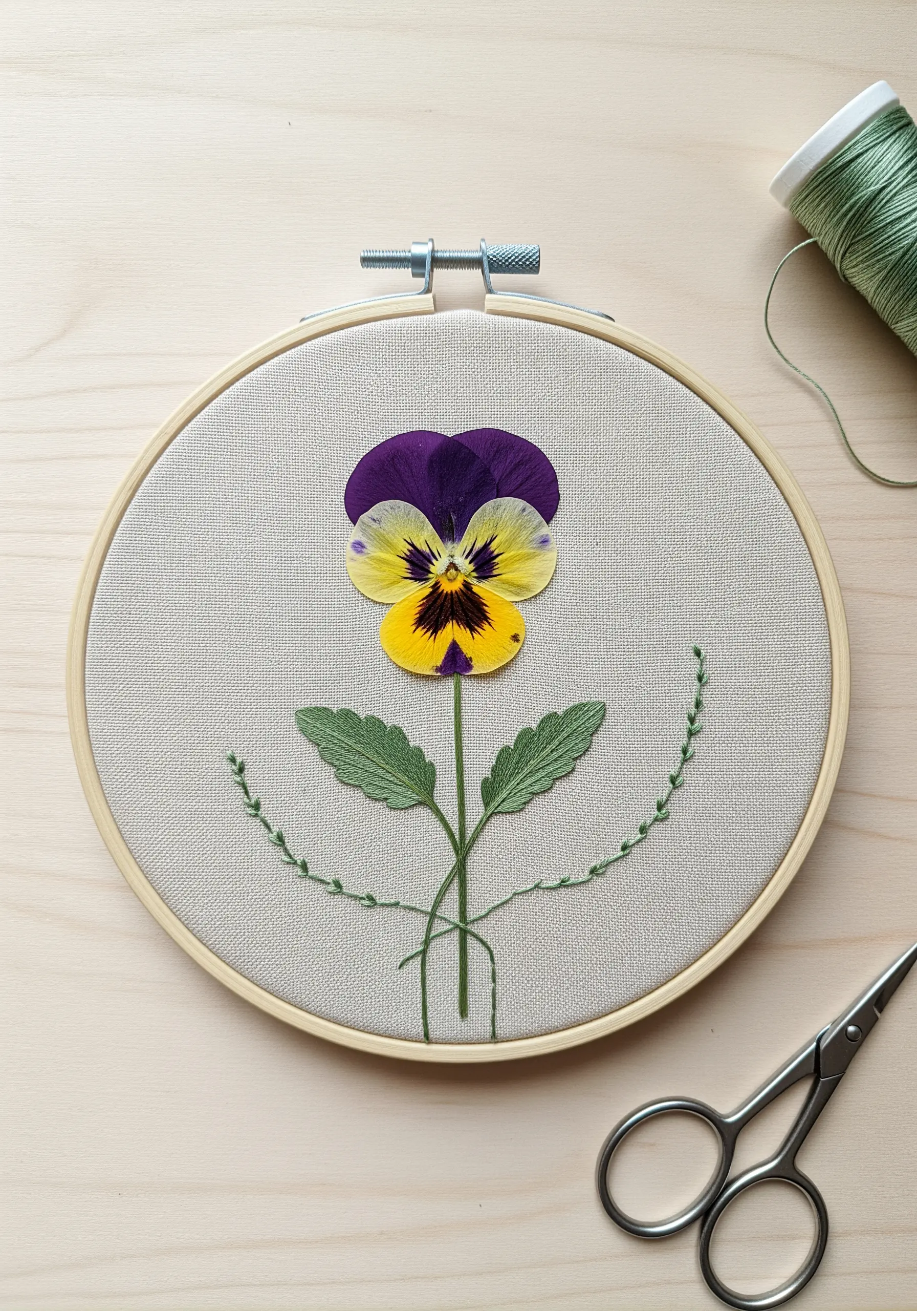 A single pressed pansy in an embroidery hoop, accented with simple green thread stitches for leaves.