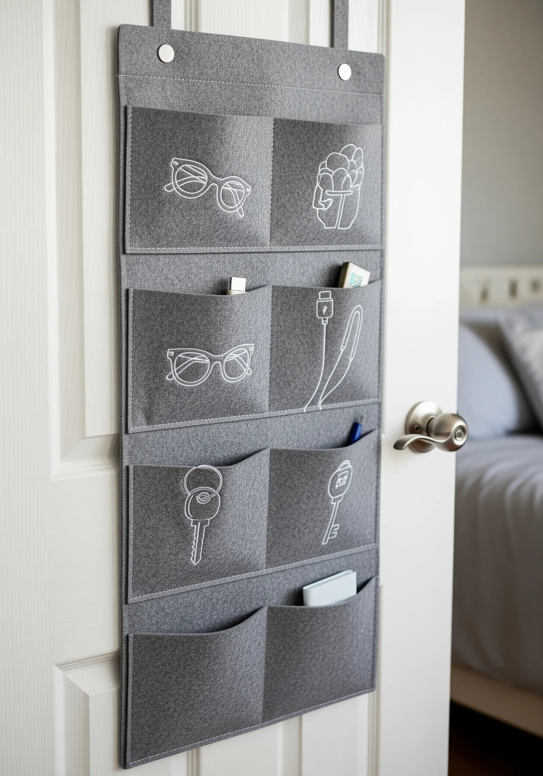 A grey felt hanging organizer with pockets embroidered with white line art icons like glasses and keys.