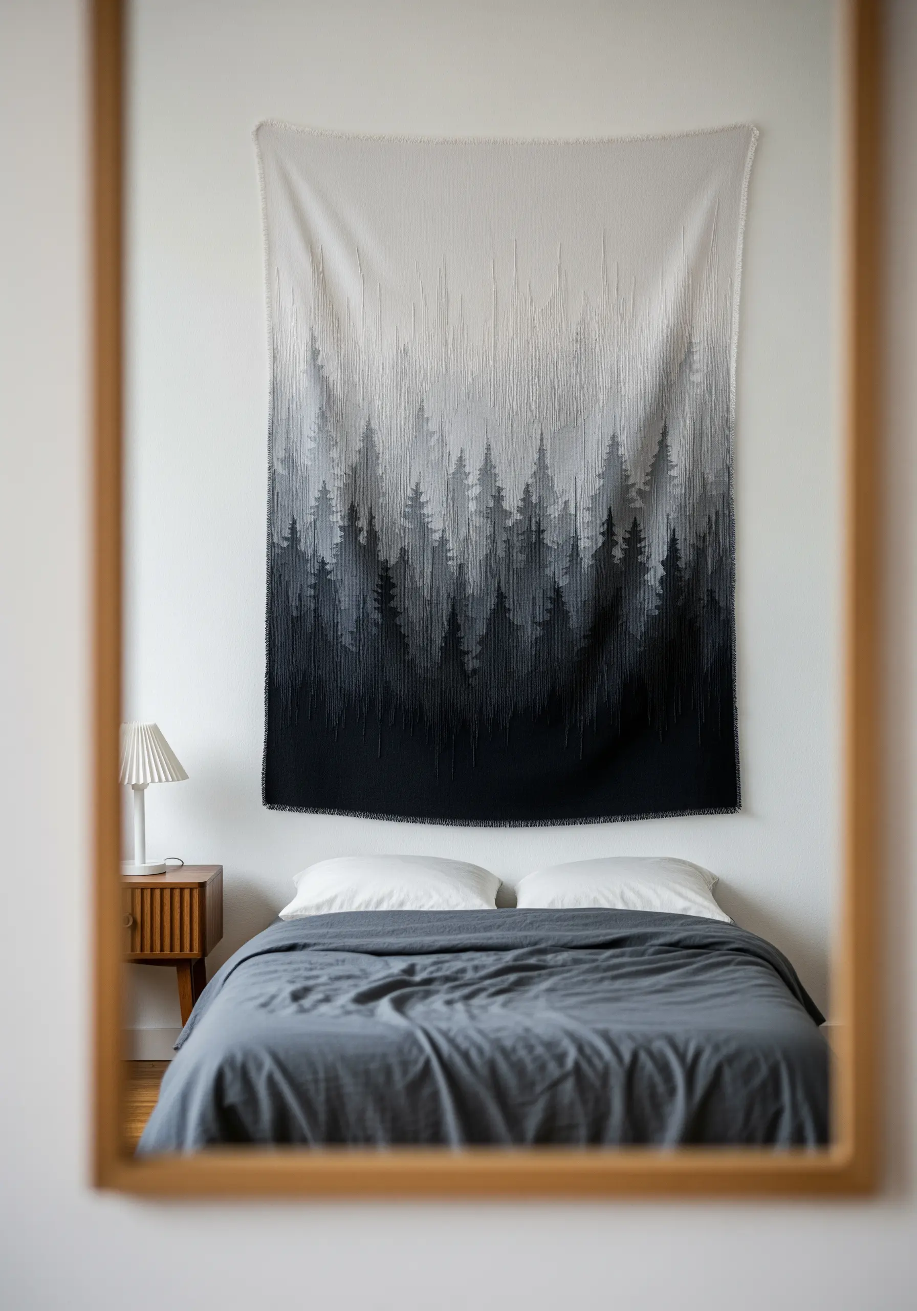 A textile wall hanging of a forest, with a gradient from dark, dense trees to light, sparse ones.