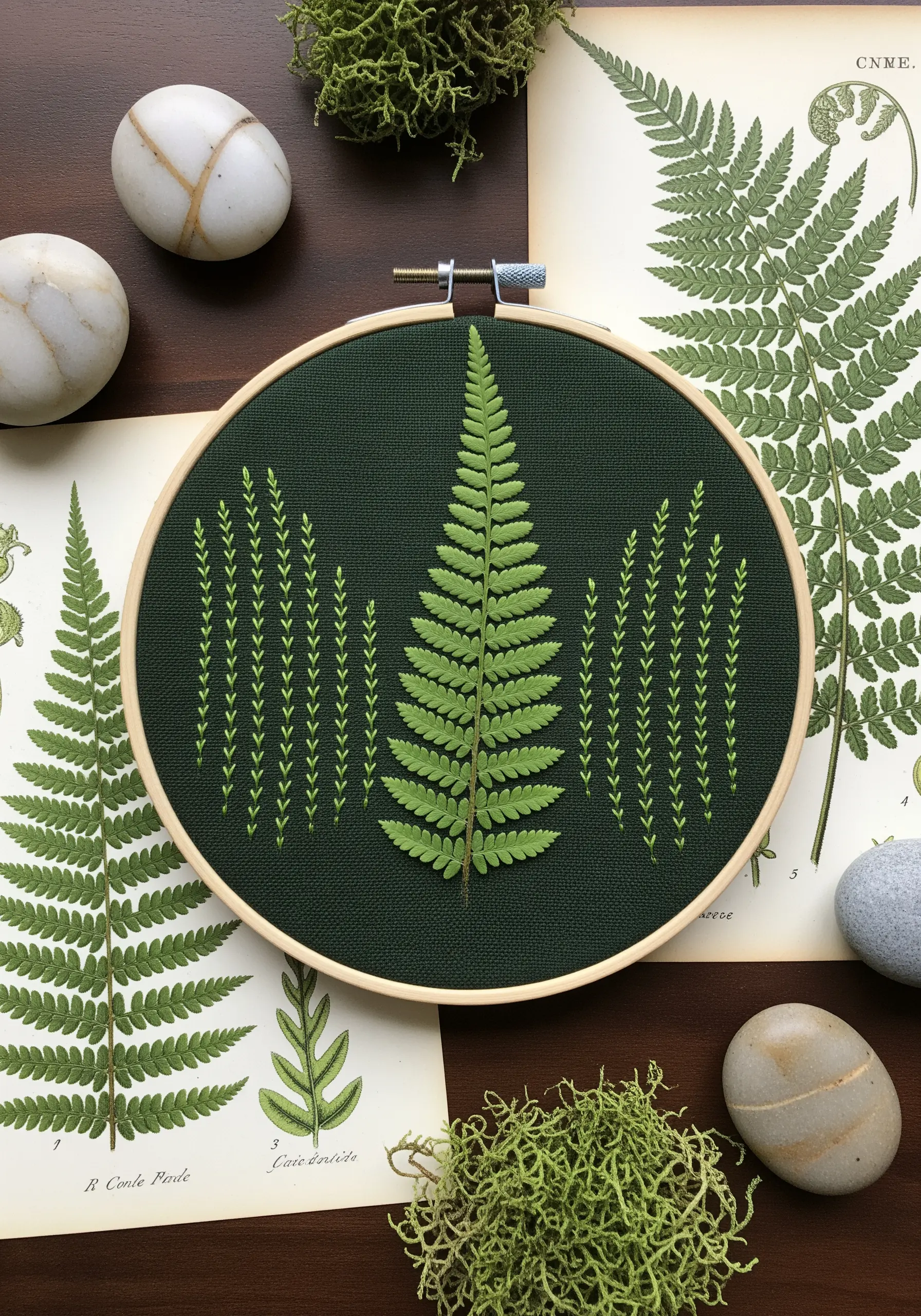 A real pressed fern on fabric, surrounded by embroidered fern-like stitch patterns.