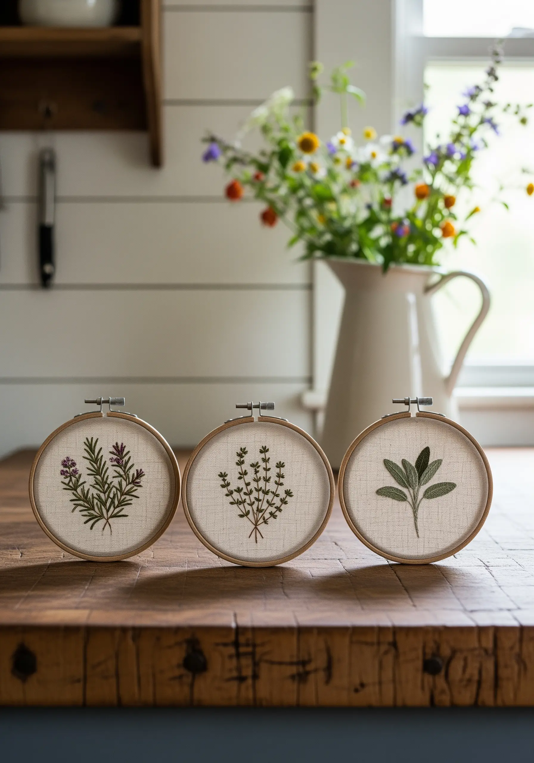 Three small embroidery hoops with embroidered herbs: rosemary, thyme, and sage.