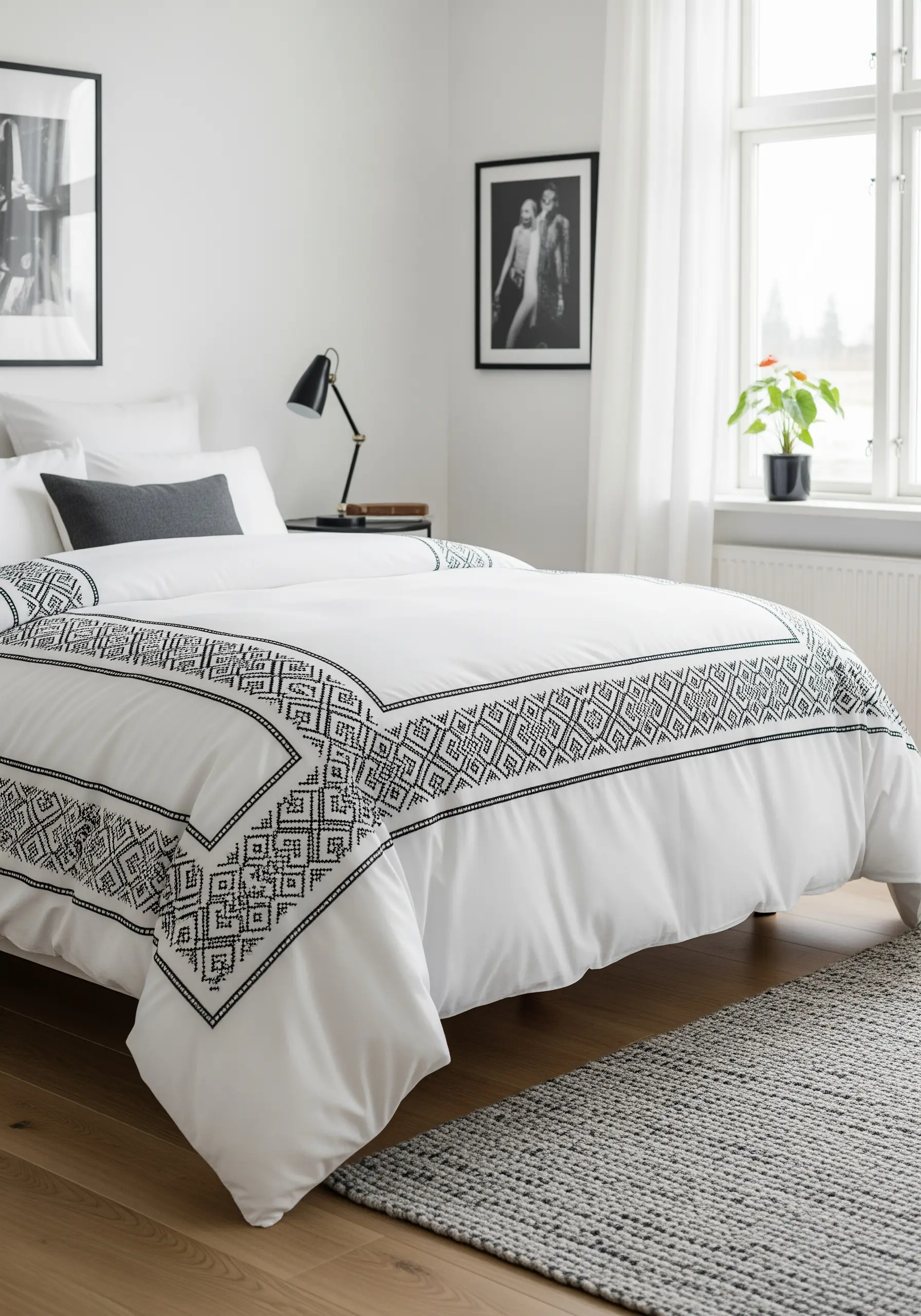 A white duvet cover with a wide, black geometric folk art pattern embroidered as a border.