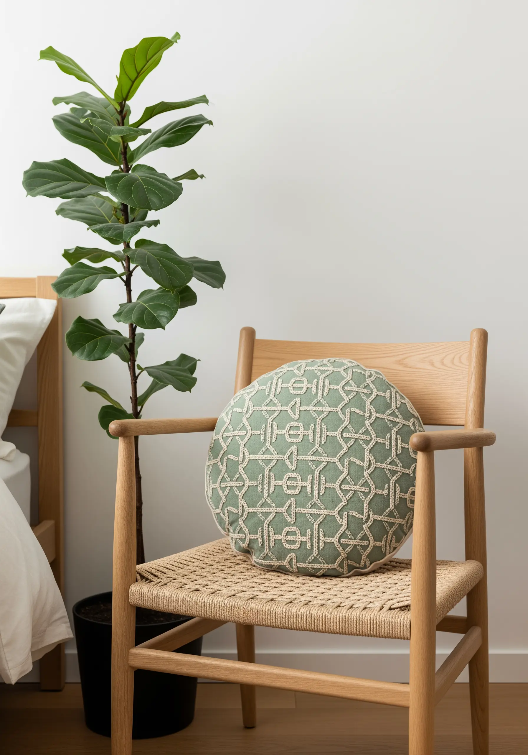 A round sage green pillow with a raised, interlocking geometric pattern in cream thread.