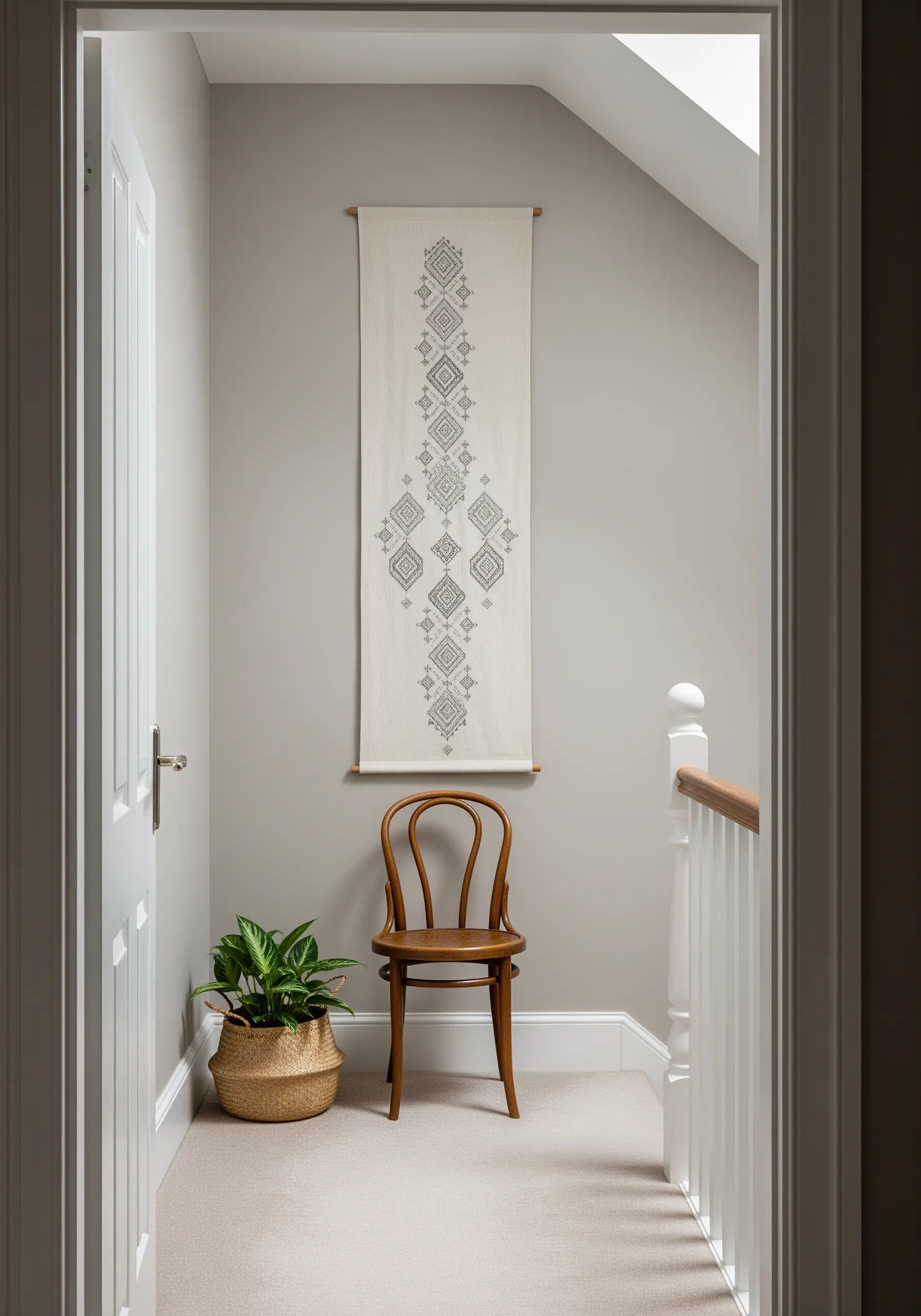 A long, narrow ivory wall hanging with repeating geometric diamond motifs in grey thread.