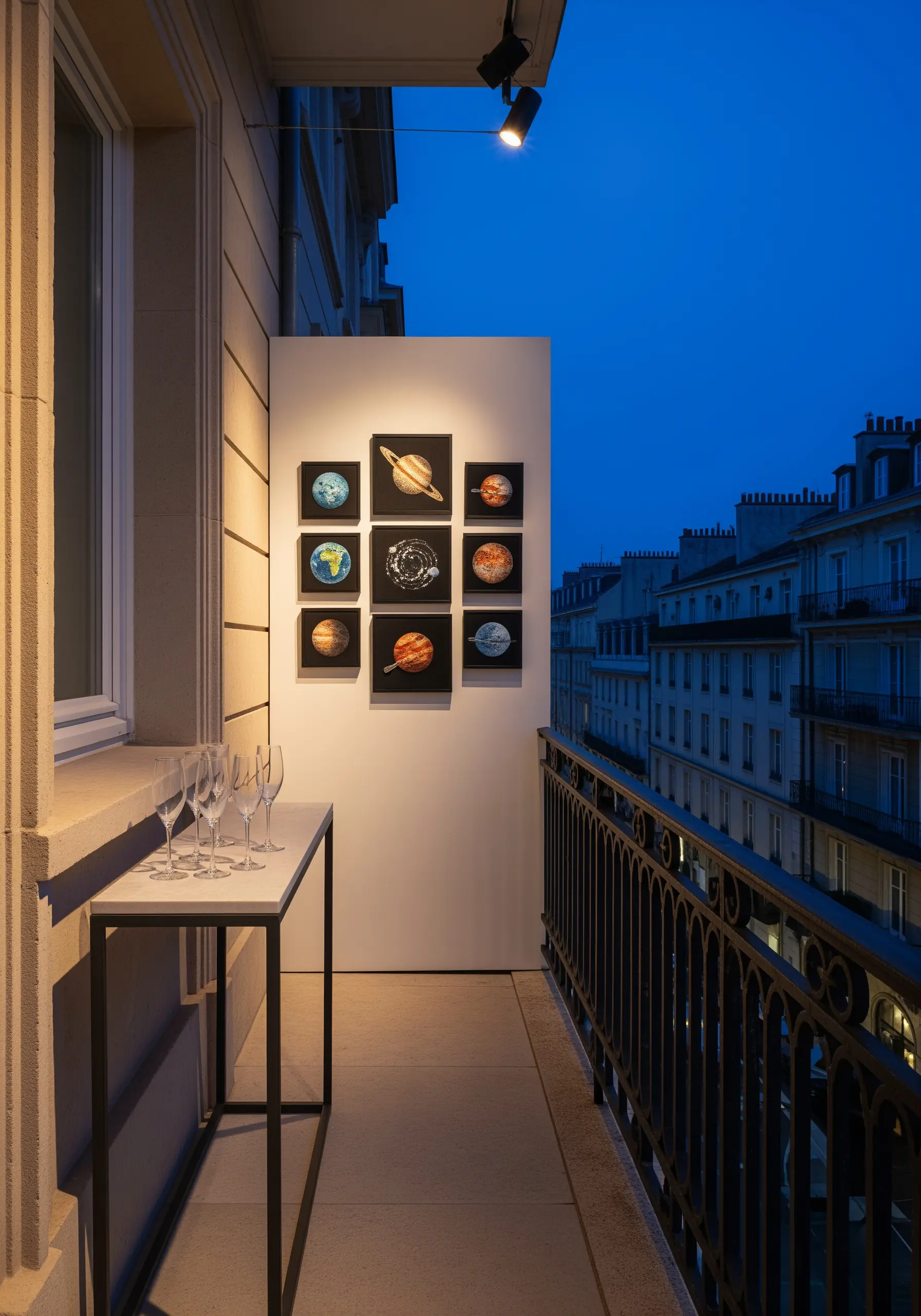 A grid of nine framed embroideries, each showing a planet from the solar system.