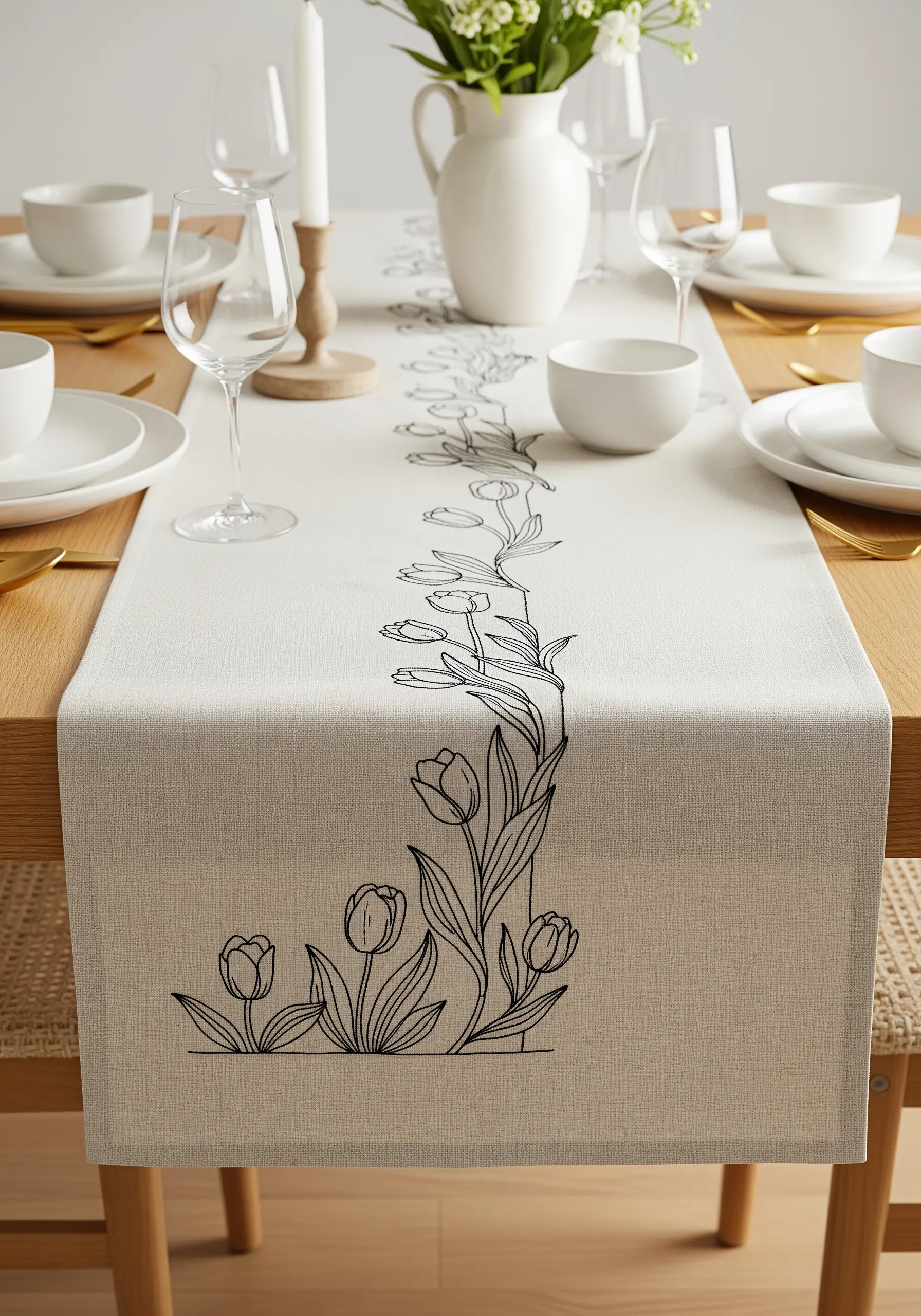 Black line-art embroidery of tulips on a natural linen table runner.