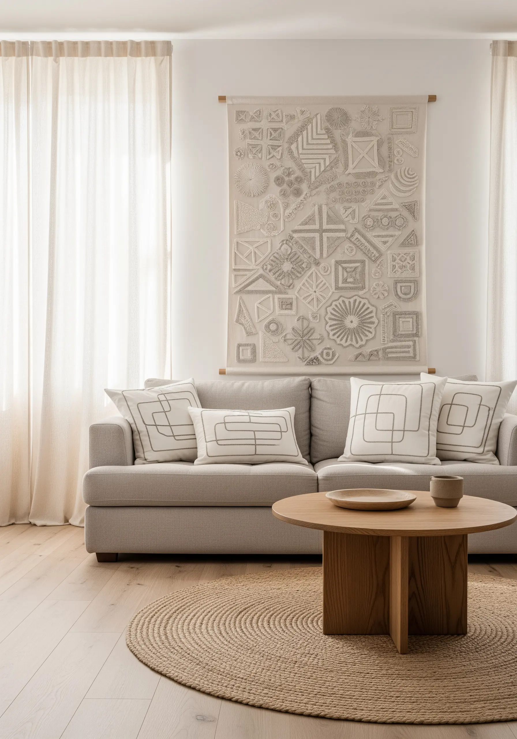 Large embroidered wall hanging with various geometric motifs in ivory thread on greige linen.