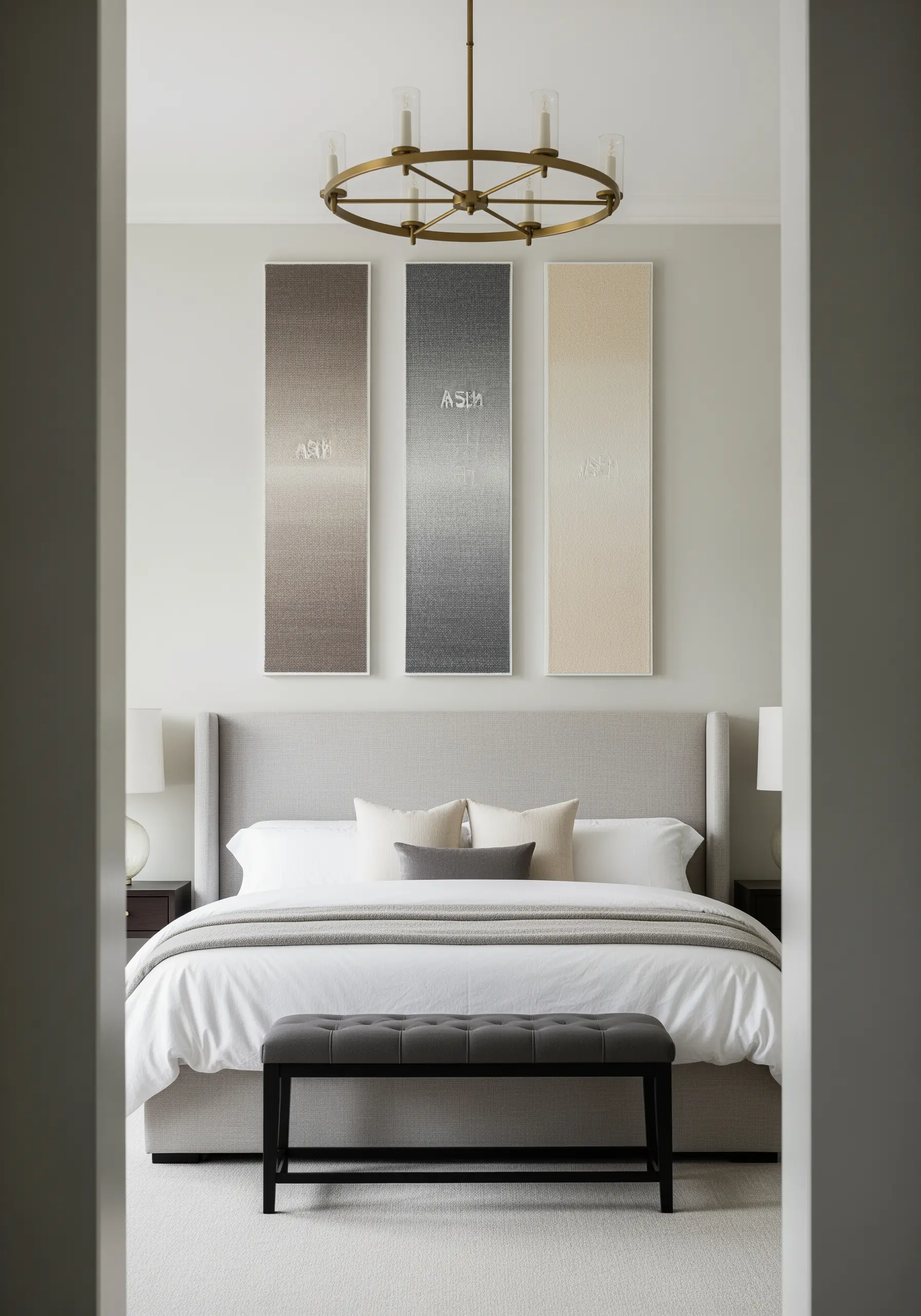 Three tall, framed panels with neutral gradients and a subtle monogram.