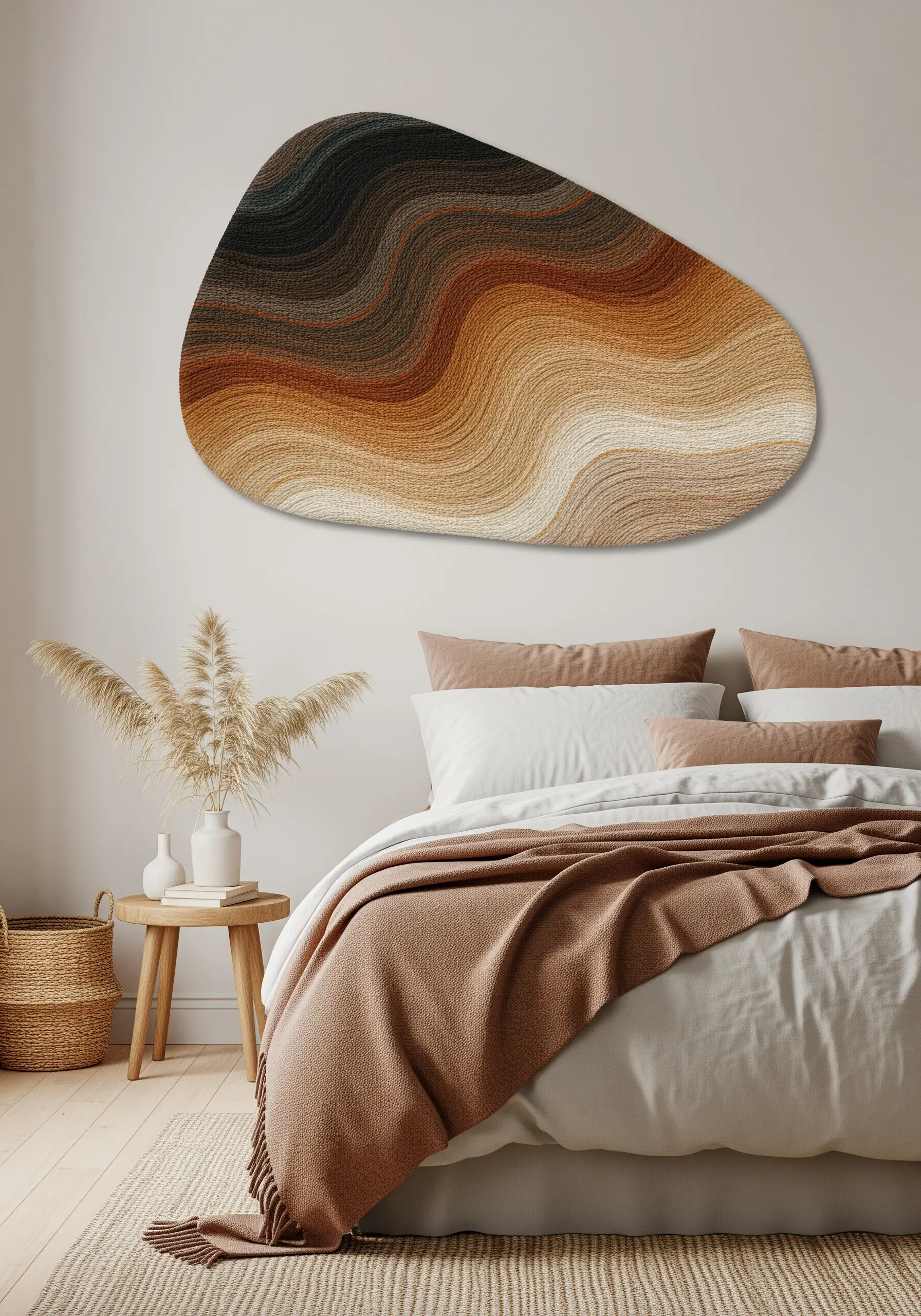 An organically shaped embroidery piece with wavy, contoured lines in an earthy gradient.