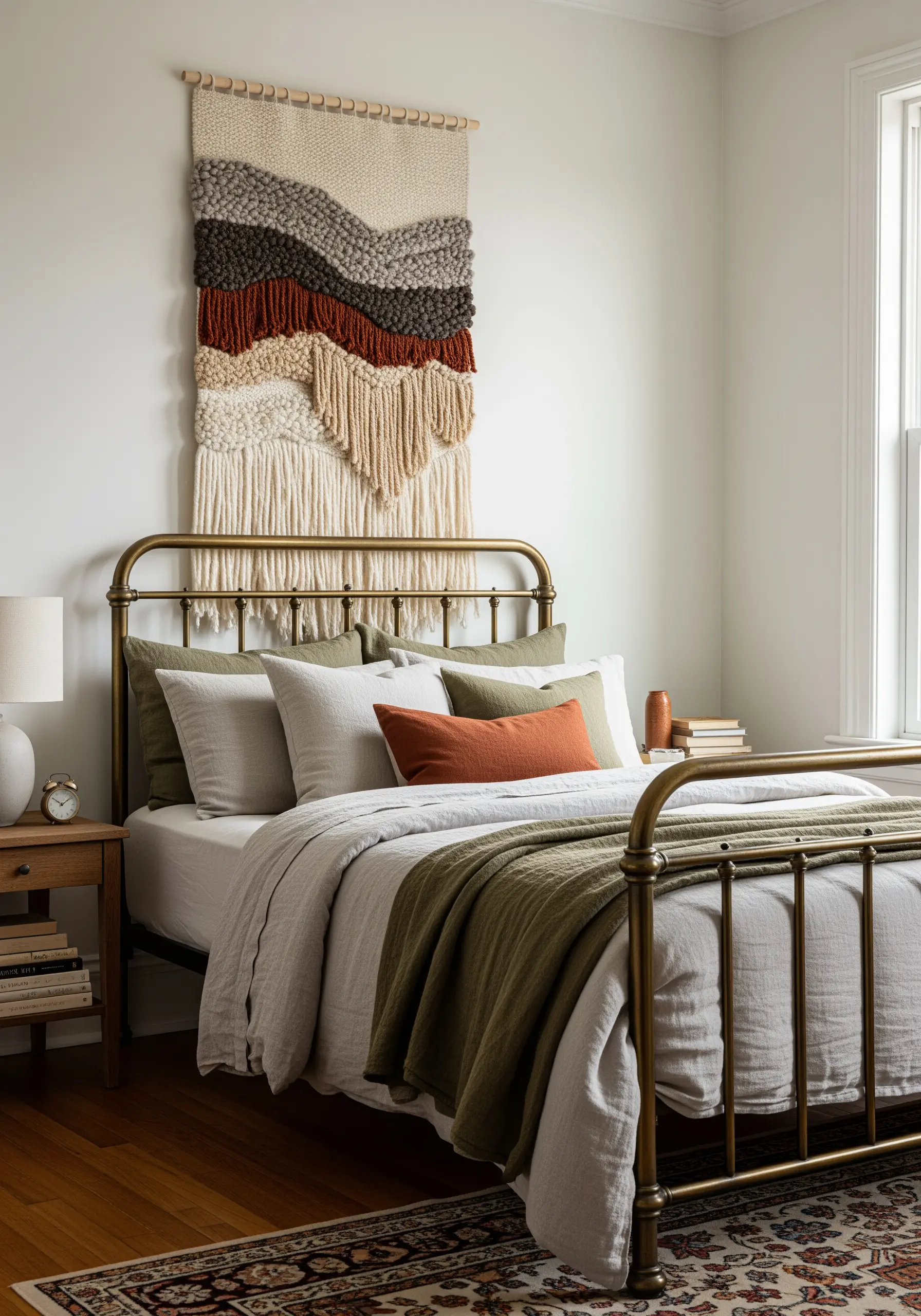 Woven wall hanging with wavy layers of color and varied textures.