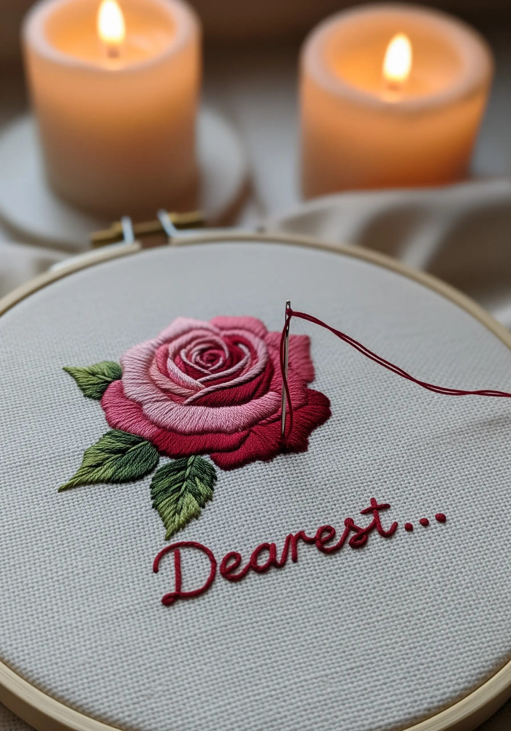 A close-up of a thread-painted pink and red rose with realistic color blending.