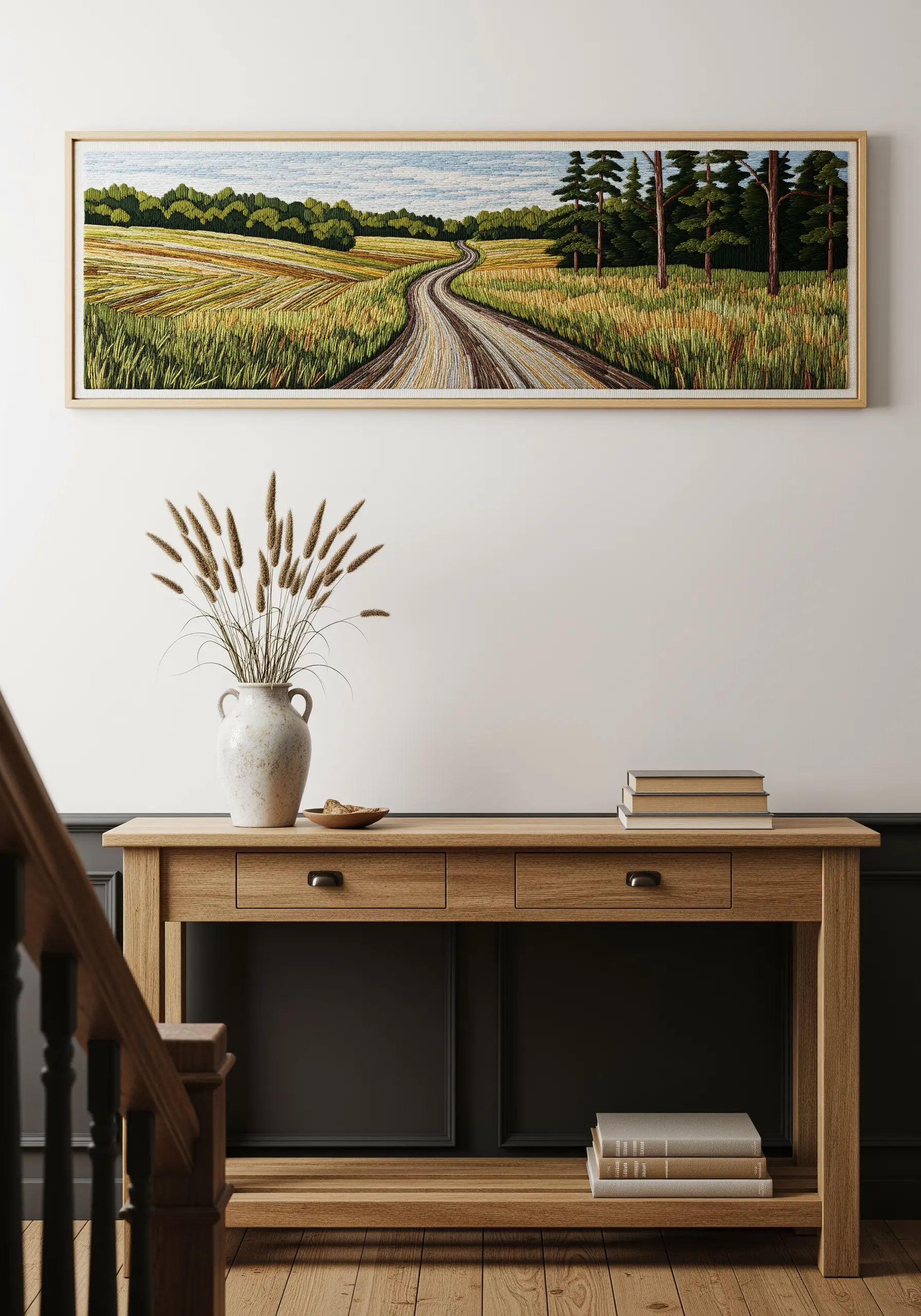 A long, panoramic framed embroidery of a country road stretching through fields and trees.
